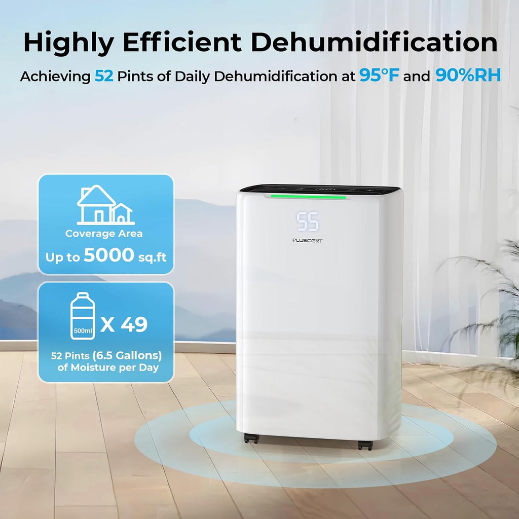 PLUSCENT 52 Pint Dehumidifier for Home and Large Basements, Up to 5000 Sq.Ft Coverage, Quiet 40dB, Continuous Drain Hose Included, Smart Humidity Control, 4 Modes, Auto Defrost, 24H Timer