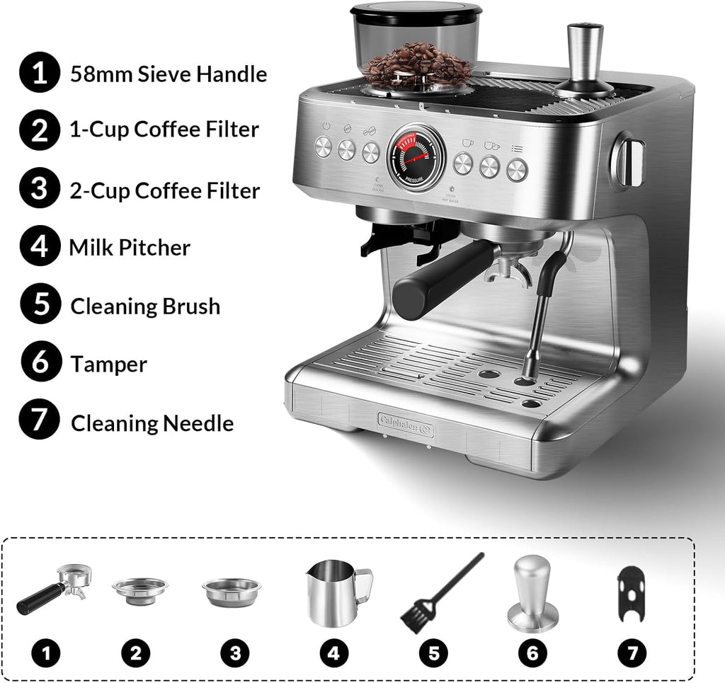 20 Bar Espresso Machine with Grinder & Milk Frother Steam Wand, 96 oz Removable Water Tank, Expresso Coffee Machines Commercial Espresso Maker for Home or Café, latte, Cappuccino - Stainless Steel