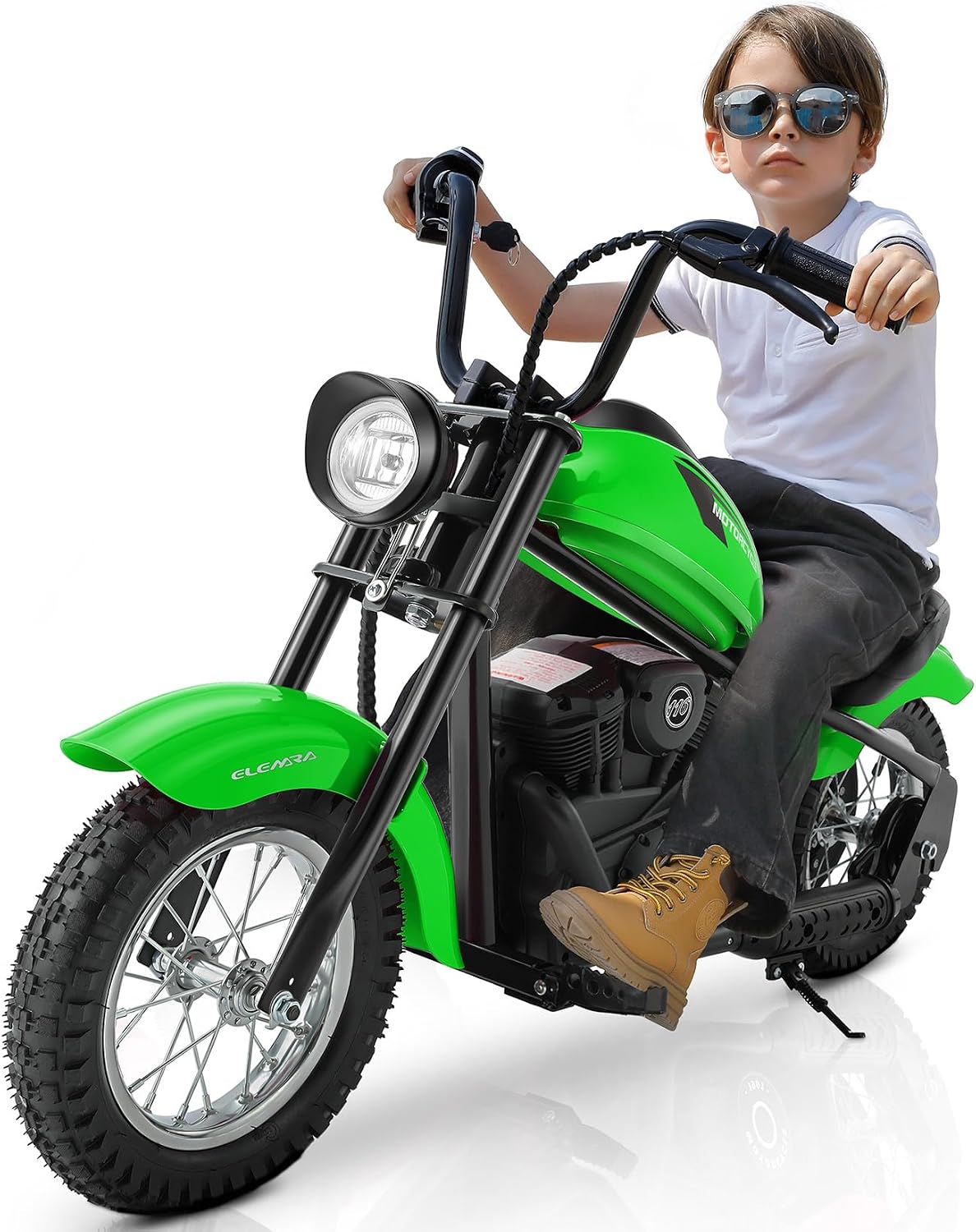 ELEMARA Electric Dirt Bike, 15 mph & 150lb Max, 24V Ride on Toy for Big Kids w/LED Lights & Power Display,Chain-Driven Motor,Twist-Grip Throttle, Shock Springs,Handbrake,12' Air-Filled Tires-Green
