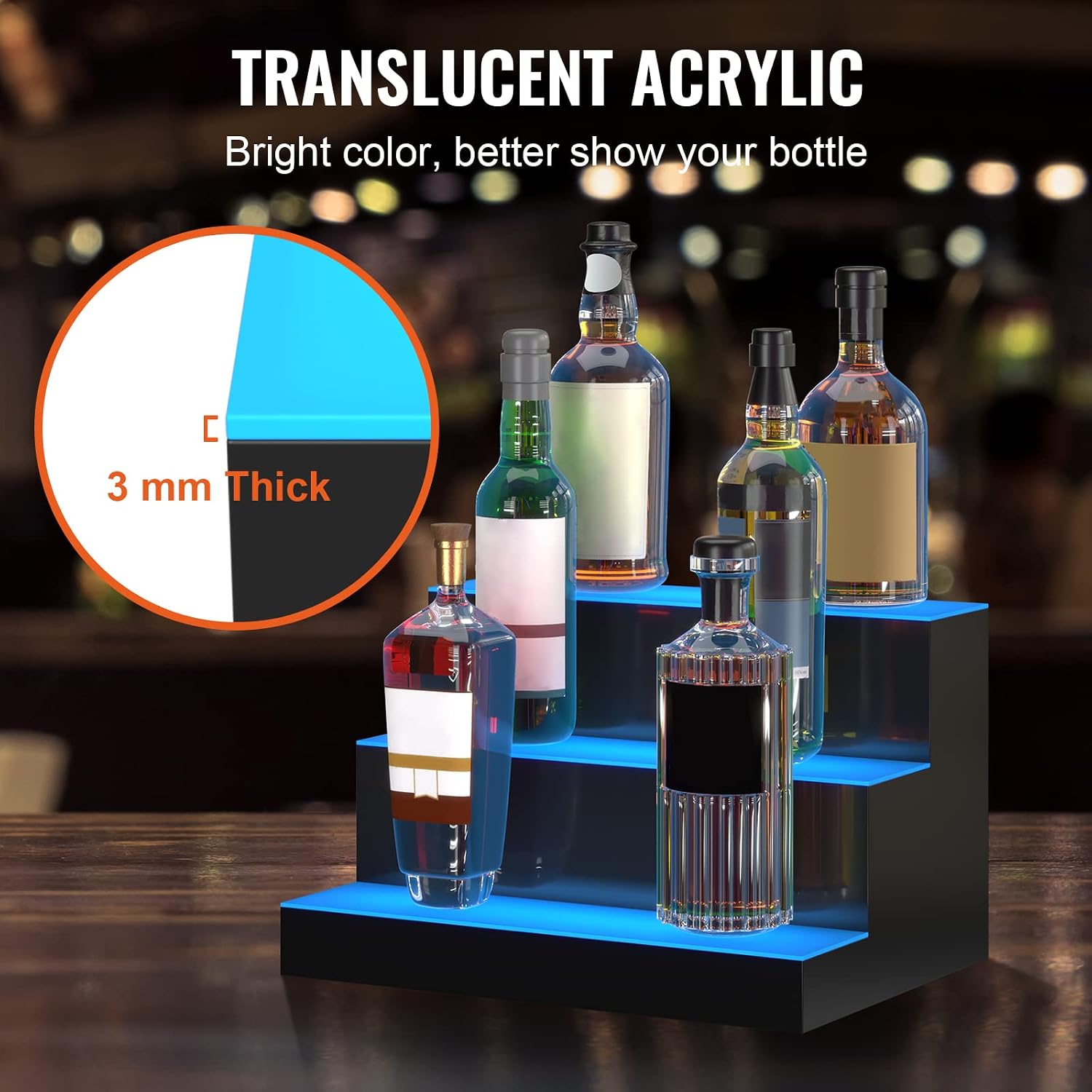 VEVOR LED Lighted Liquor Bottle Display, 3 Tiers 16 Inches, Supports USB, Illuminated Home Bar Shelf with RF Remote & App Control 7 Static Colors 1-4 H Timing, Acrylic Lighted Shelf for 12 Bottles