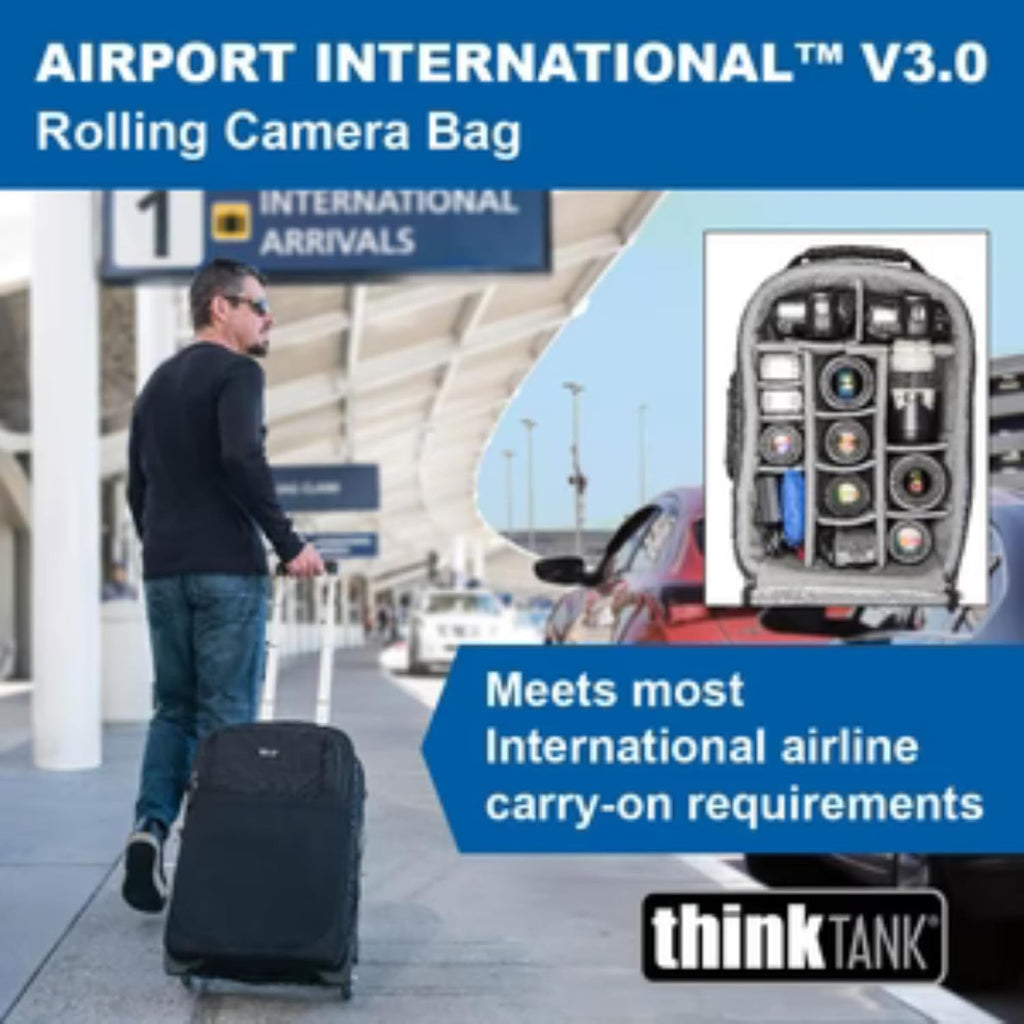 Think Tank Airport International V3.0 2 Wheel Rolling Carry-On Camera Bag, 80mm Quiet Wheels, Retractable Handle, Custom Design Interior Compartments - Black