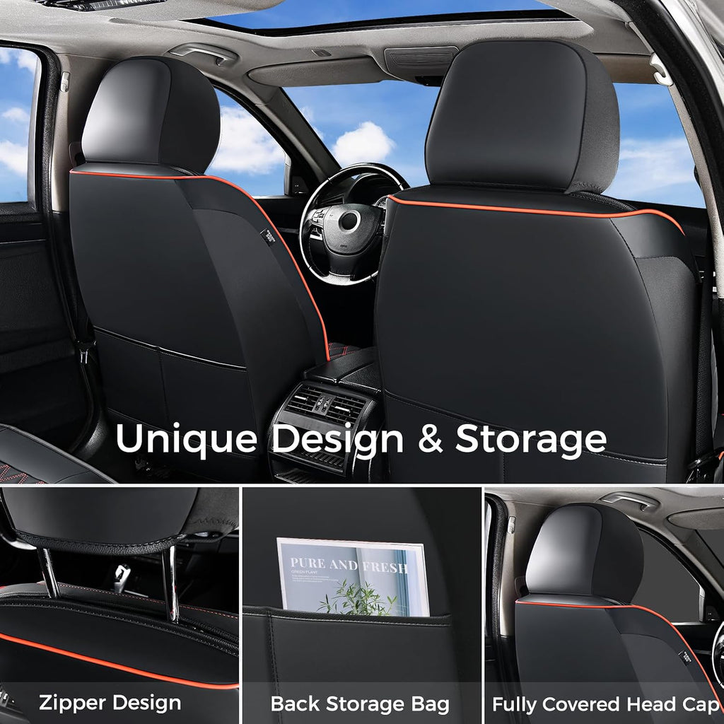 Huidasource Front Seat Covers, Full-Cover Leather Driver Seat Cover, Side Stretch Fabric, Car Interior Front Seat Cover Universal Fit for Most Cars, Most Cars,Vans,Trucks, SUVs (Front Pair/Black&Red)