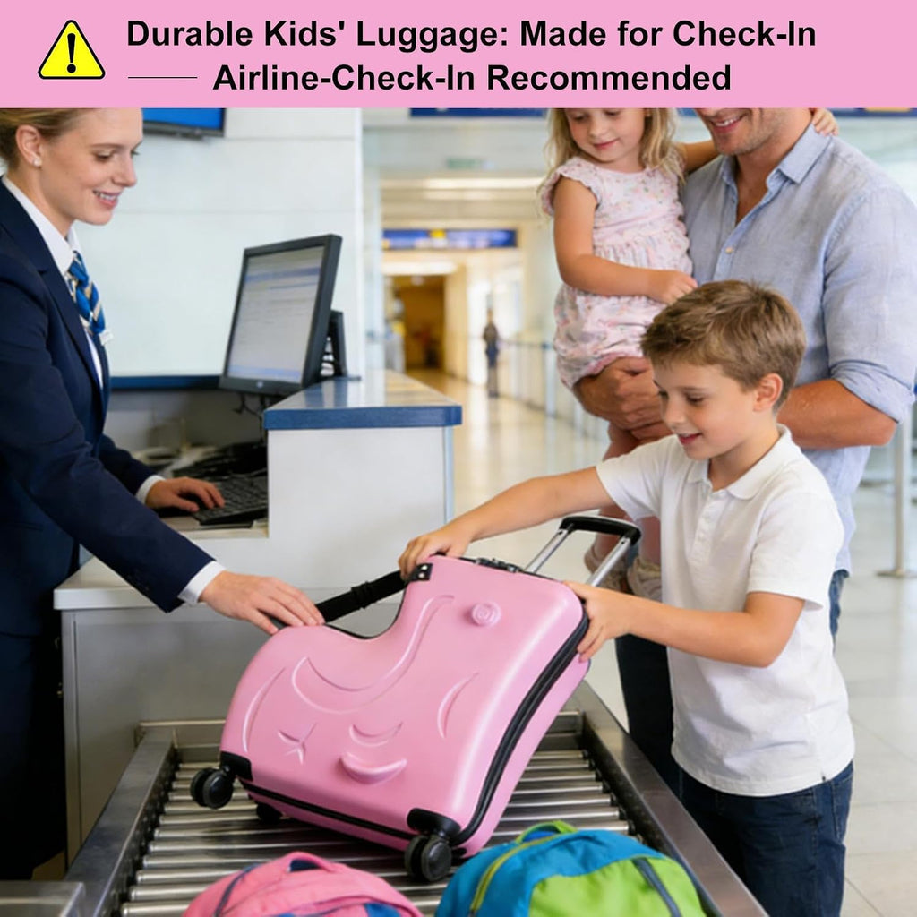 24 Inch Kid Ride Suitcase,Kid Luggage Seat Ride With Lock - Kids Travel Trolley With Safety Belt, Kids Luggage With Wheels Child Stroller Spinner Luggages, ABS+PC (Pink, 6-12 Years)