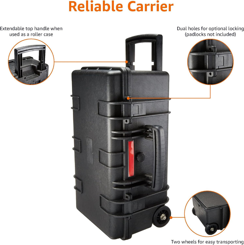 Amazon Basics Hard Protective Camera Case with Wheels, Large, Black, 22'L x 14'W x 9.8'H