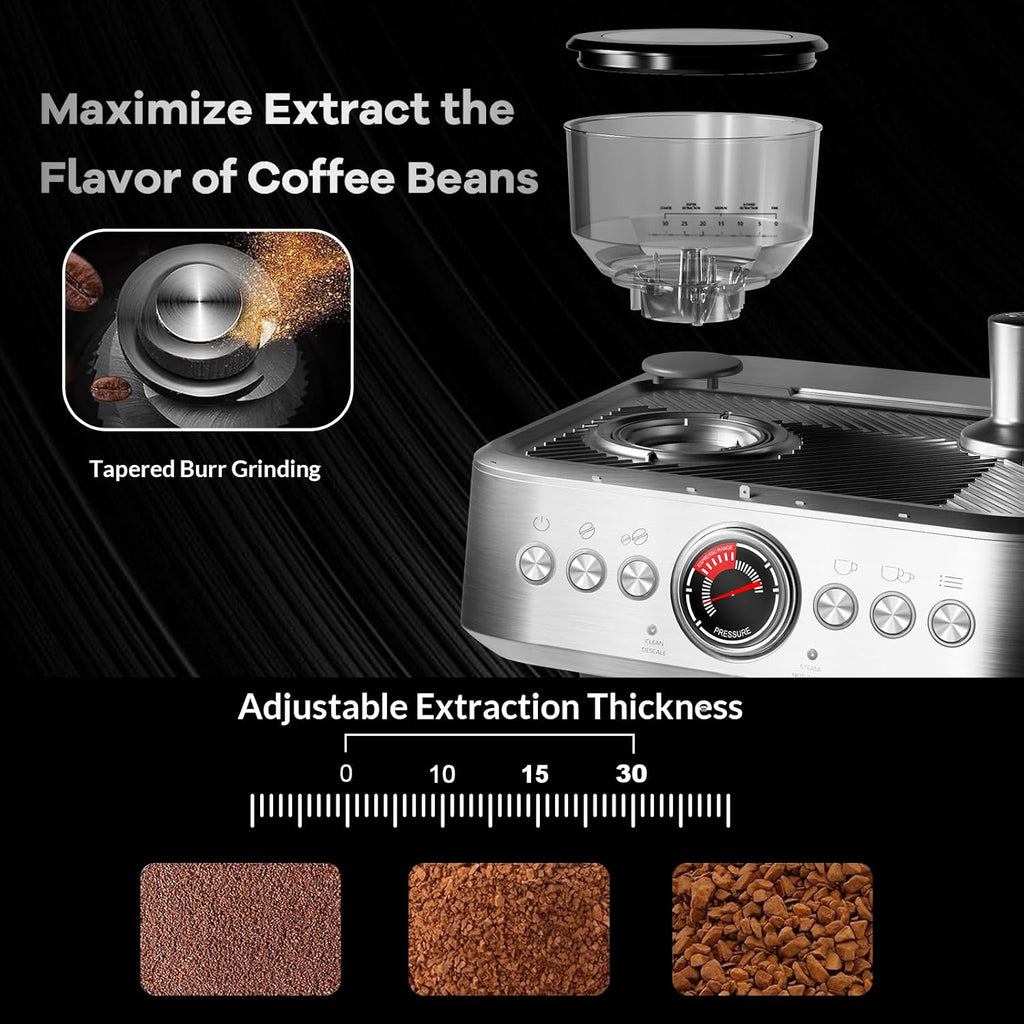 Semi-Automatic Espresso Machine, Dual Boiler 20 Bar Coffee Maker With Grinder 30 Size Setting, Expresso Coffee Machines With Steam Wand for Cappuccino Latte, 95 Oz Removable Water Tank