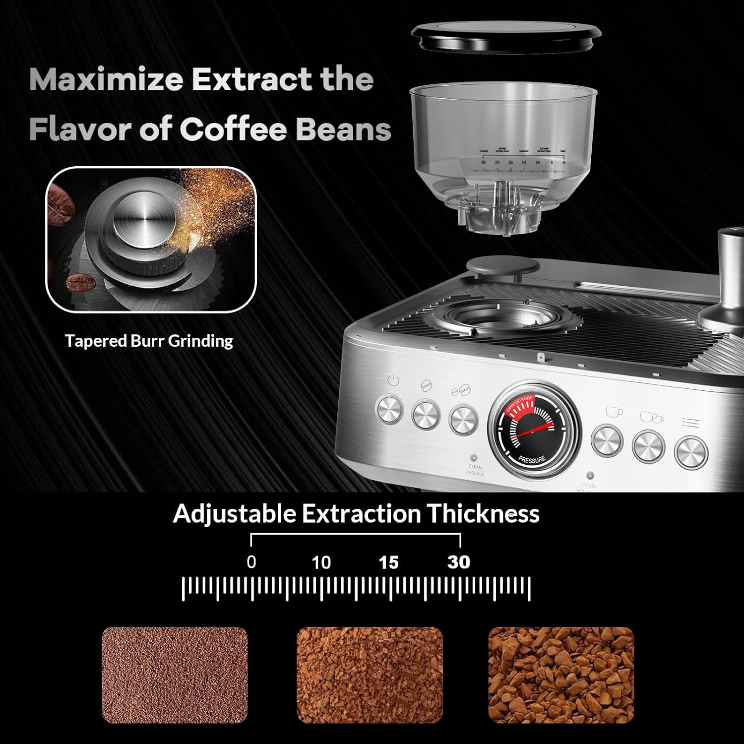 Semi-Automatic Espresso Machine, Dual Boiler 20 Bar Coffee Maker With Grinder 30 Size Setting, Expresso Coffee Machines With Steam Wand for Cappuccino Latte, 95 Oz Removable Water Tank