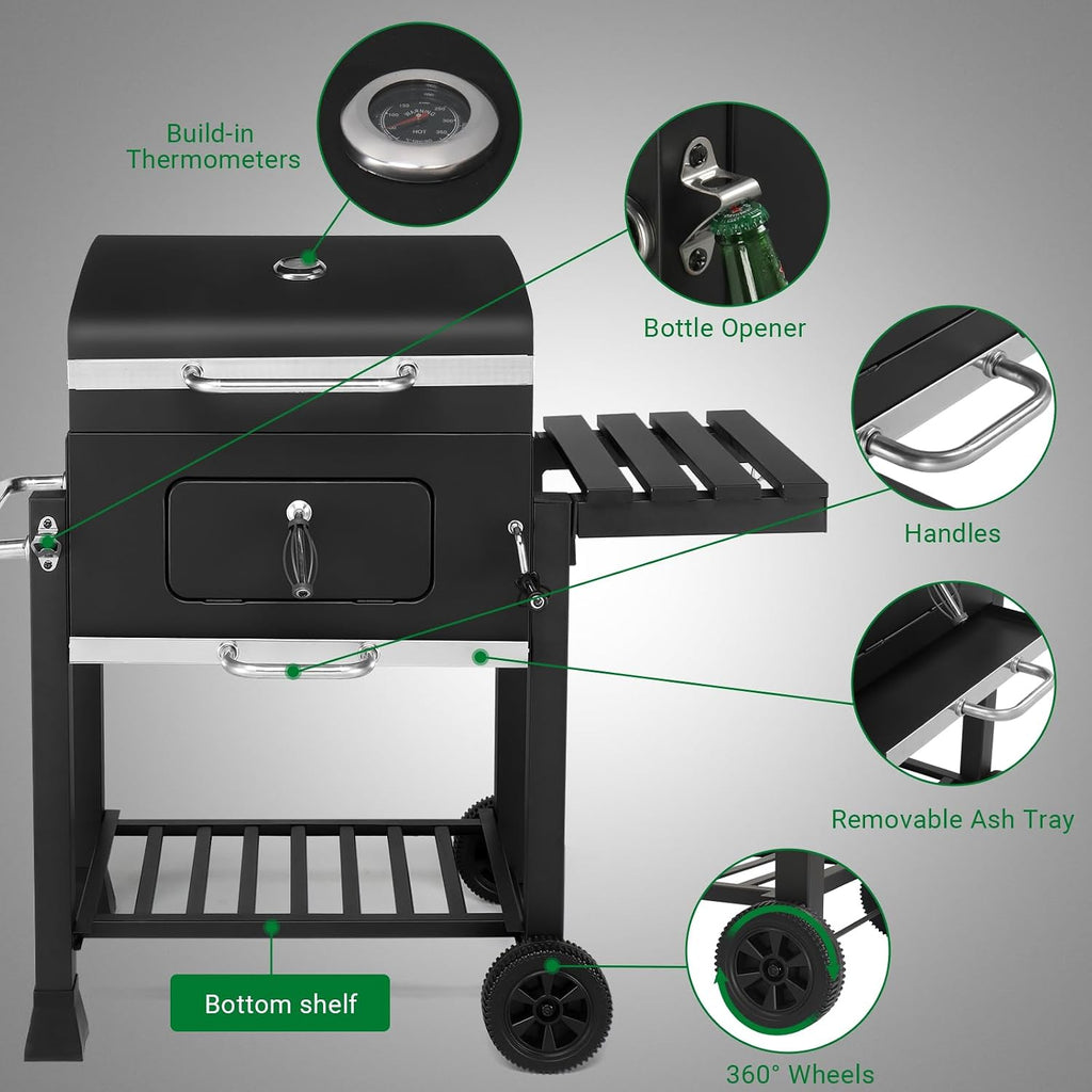 ROVSUN Charcoal Grill with Side Tables, Large Cooking Area, Individual Lifting Charcoal Trays, Pull-Out Ash Tray, BBQ Grill for Outdoor, Picnic, Backyard, Parties