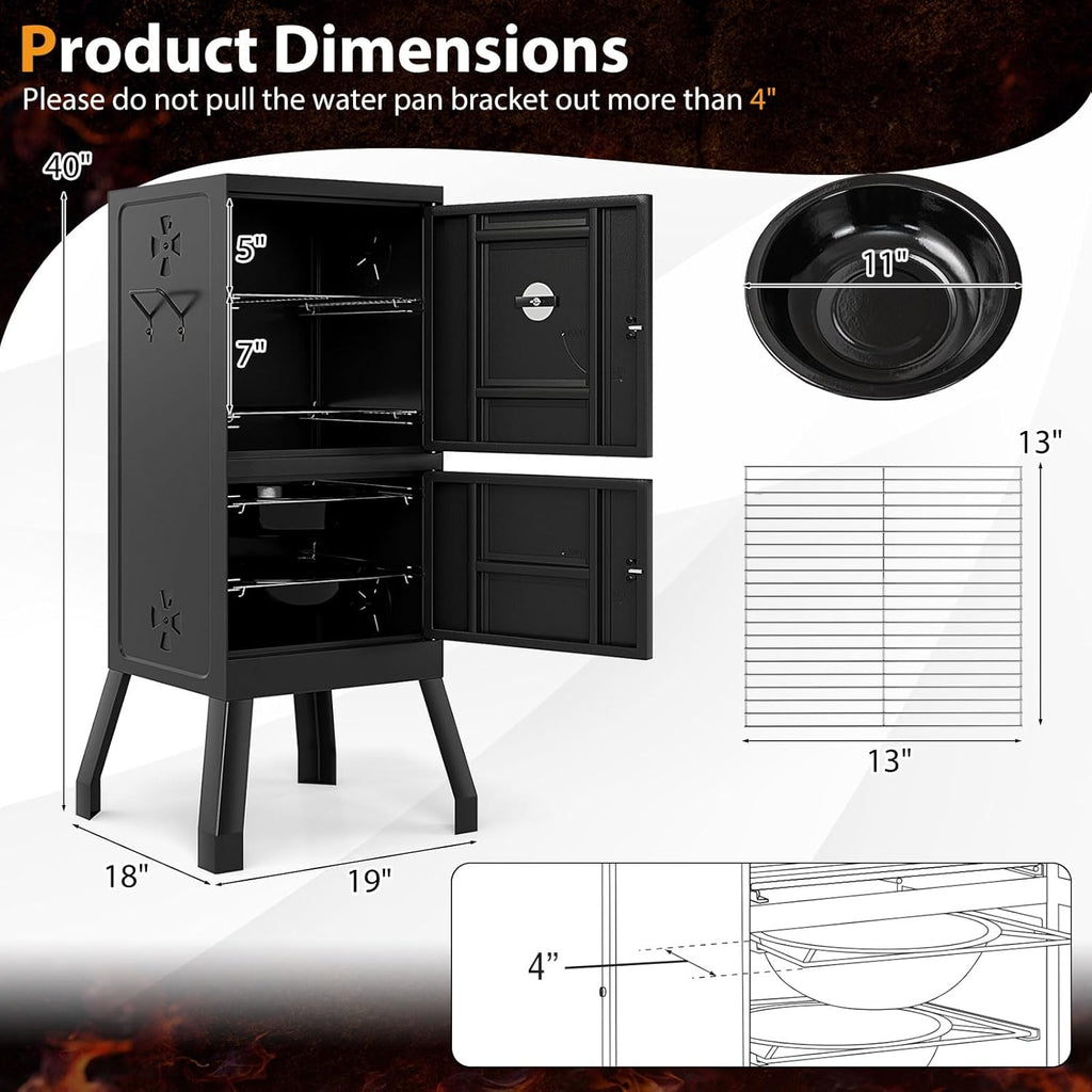Charcoal Smoker Outdoor, Vertical BBQ Smoker with Thermostat, 2 Access Doors, 2 Cooking Grates, 2 Removable Pans & 4 Air Vents, Meat Smokers Grill for Parties, Barbecues and Backyard
