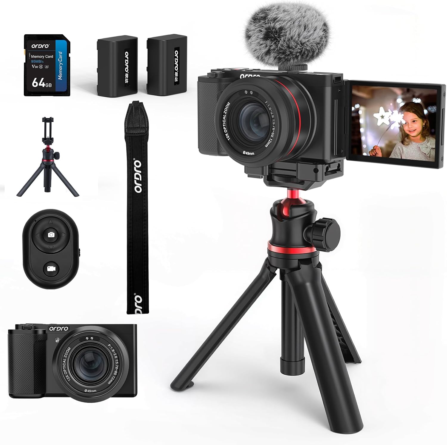 ORDRO 5K Digital Cameras for Photography - 64MP 12X Optical Zoom Travel Content Creator Camera & YouTube Vlogging Camera with Flip Screen, Microphone & Tripod Grip, 64GB Memory Card