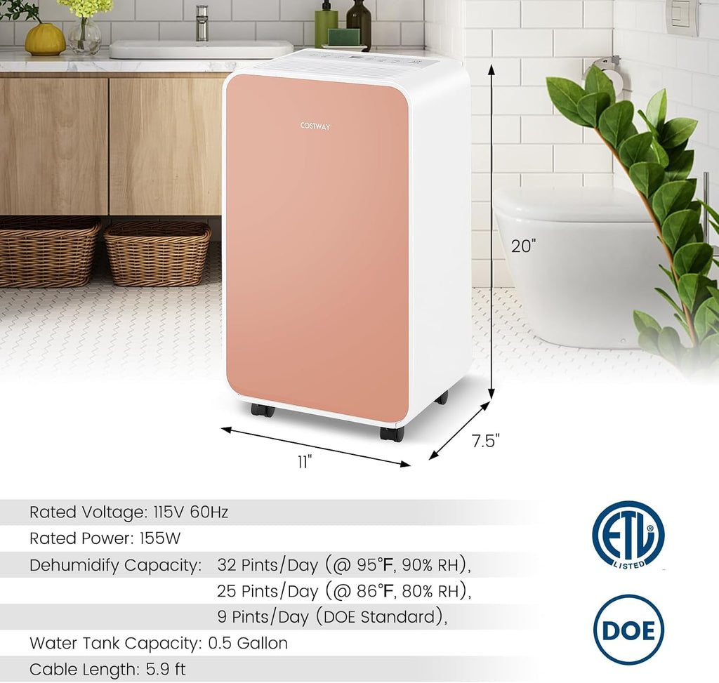 COSTWAY 2500 Sq. Ft Dehumidifier for Basement, 32 Pints Portable Quiet Dehumidifier for Bedroom Bathroom with Sleep Mode, 24H Timer, Auto Shut Off, Auto Defrost & Drain Hose (Pink)