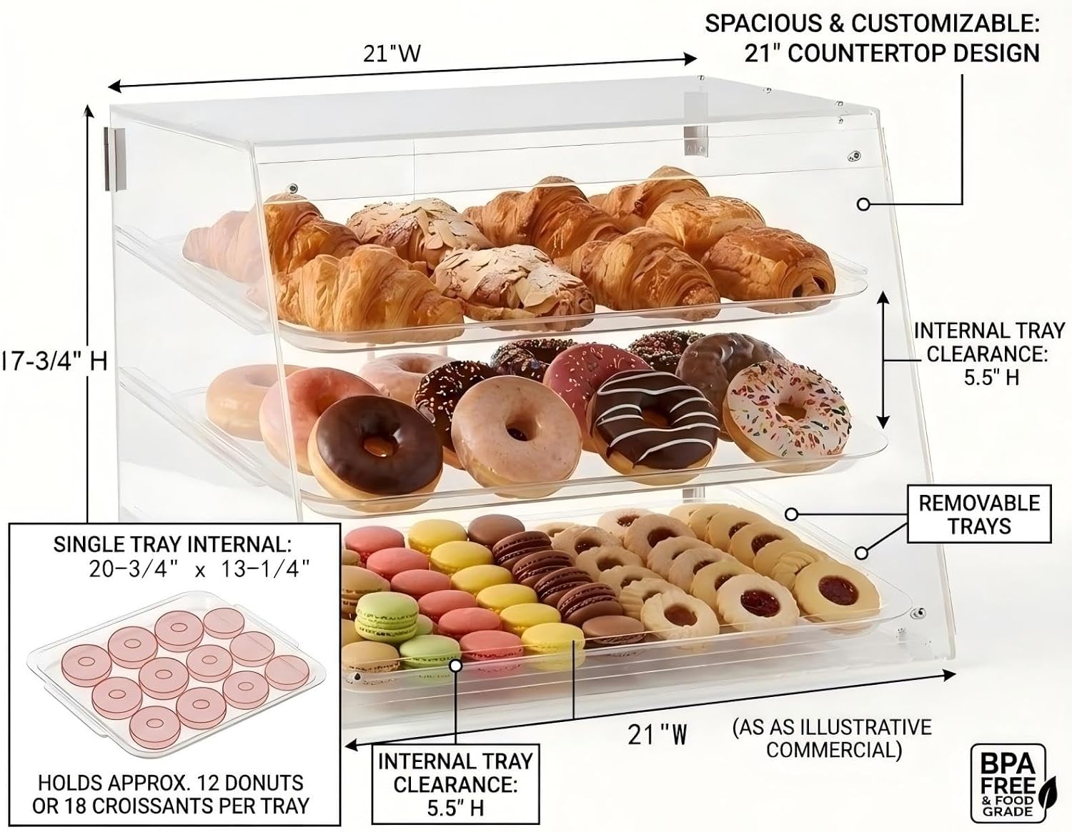 YBSVO 3-Tier Commercial Bakery Display Case, 21-Inch Clear Acrylic Countertop Pastry Showcase with Removable Trays, Food-Grade Dessert Cabinet with Magnetic Back Doors for Cafe, Market, Home