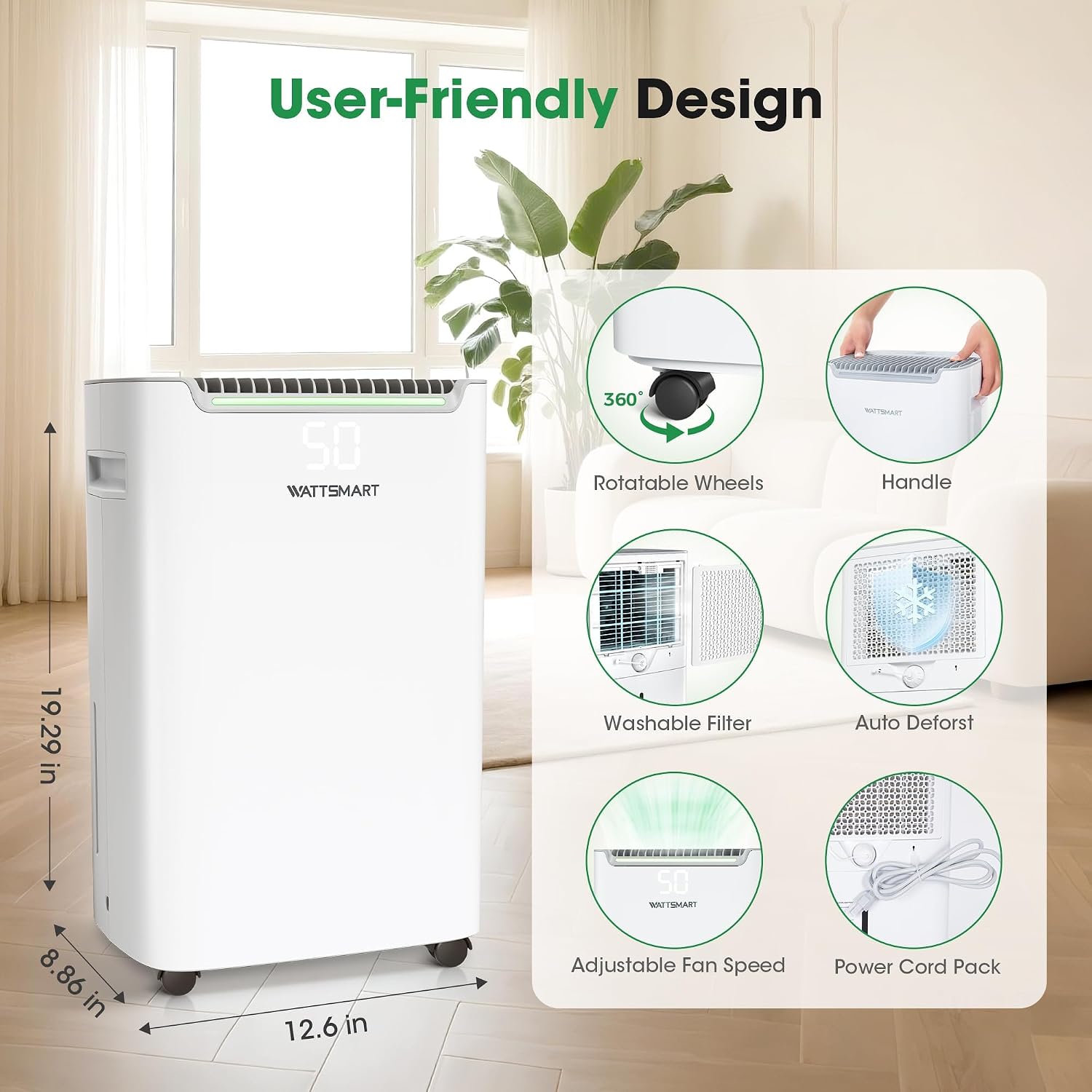 Dehumidifiers for Home with Drain Hose,75 OZ Water Tank, 4500 Sq.Ft 55 Pints Dehumidifiers for Basement, Bathroom, Bedroom, Three Modes, Smart Humidity Control, Dry Clothes, 24H Timer, White