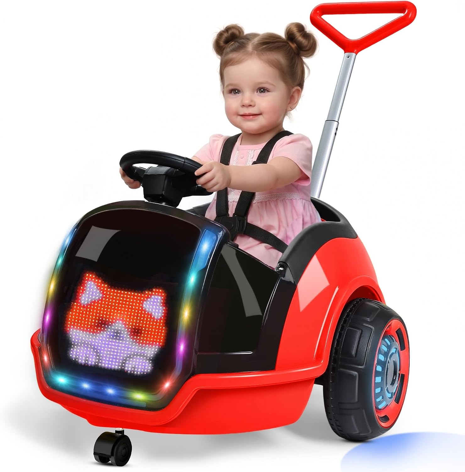 ANPABO 3-in-1 Electric Push Ride On Car, 12V Kids Ride On Toy w/Remote Control, 360° Spin, LED Display, 5-Point Safety Belt, Colorful LED Light, Music Player, Push Car for Toddler Ages 1-3 (Red)