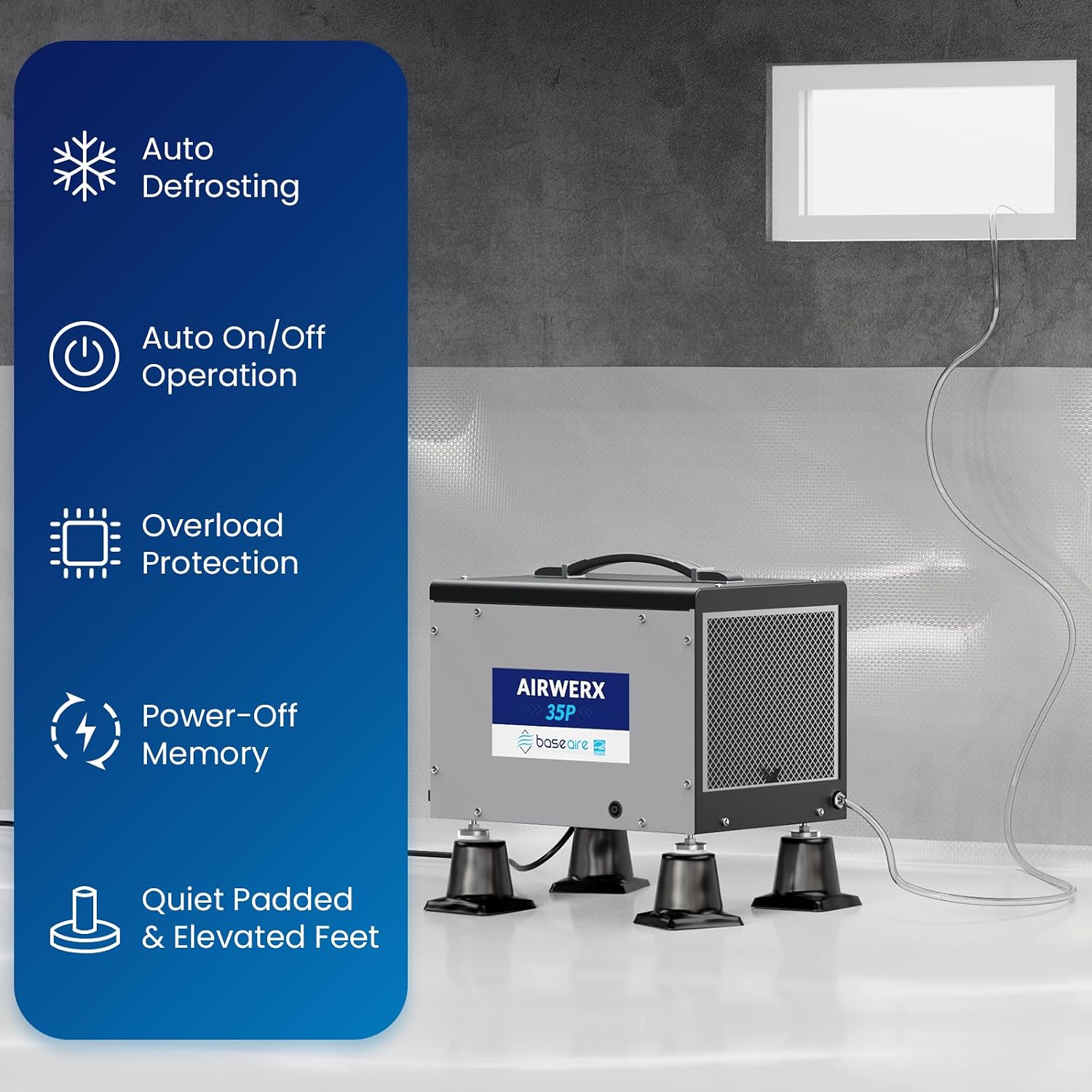 BaseAire Crawlspace Dehumidifier with Pump, Compact Dehumidifiers for Commercial, Basement and Water Damage with Drain Hose, 70 PPD, Auto Defrost, GLGR Technology, Up to 1000 Sq Ft