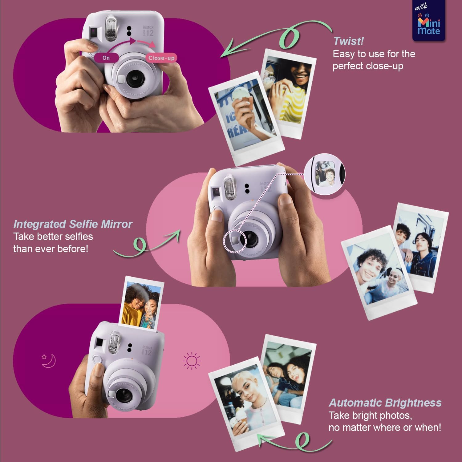Fujifilm Instax Mini 12 Instant Camera + MiniMate Accessory Bundle & Compatible Custom Case + Fuji Instax Film Value Pack (50 Sheets) Flamingo Designer Photo Album (Mint Green)