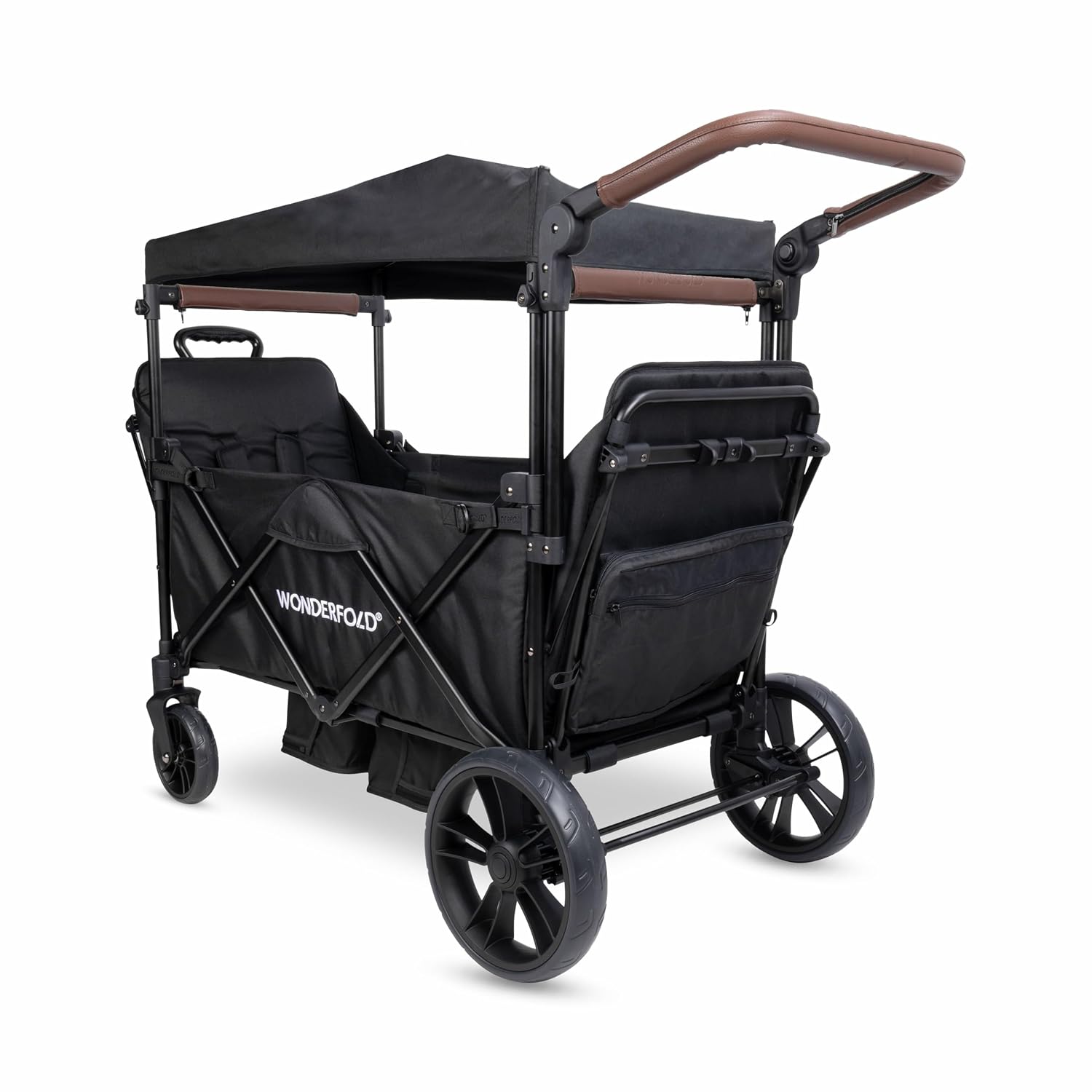 WONDERFOLD X2R Rev Stroller Wagon (2 Seater) - Collapsible Stroller Wagon with 5-Point Seatbelt Harnesses, Reclining Seats & Footwells, Black