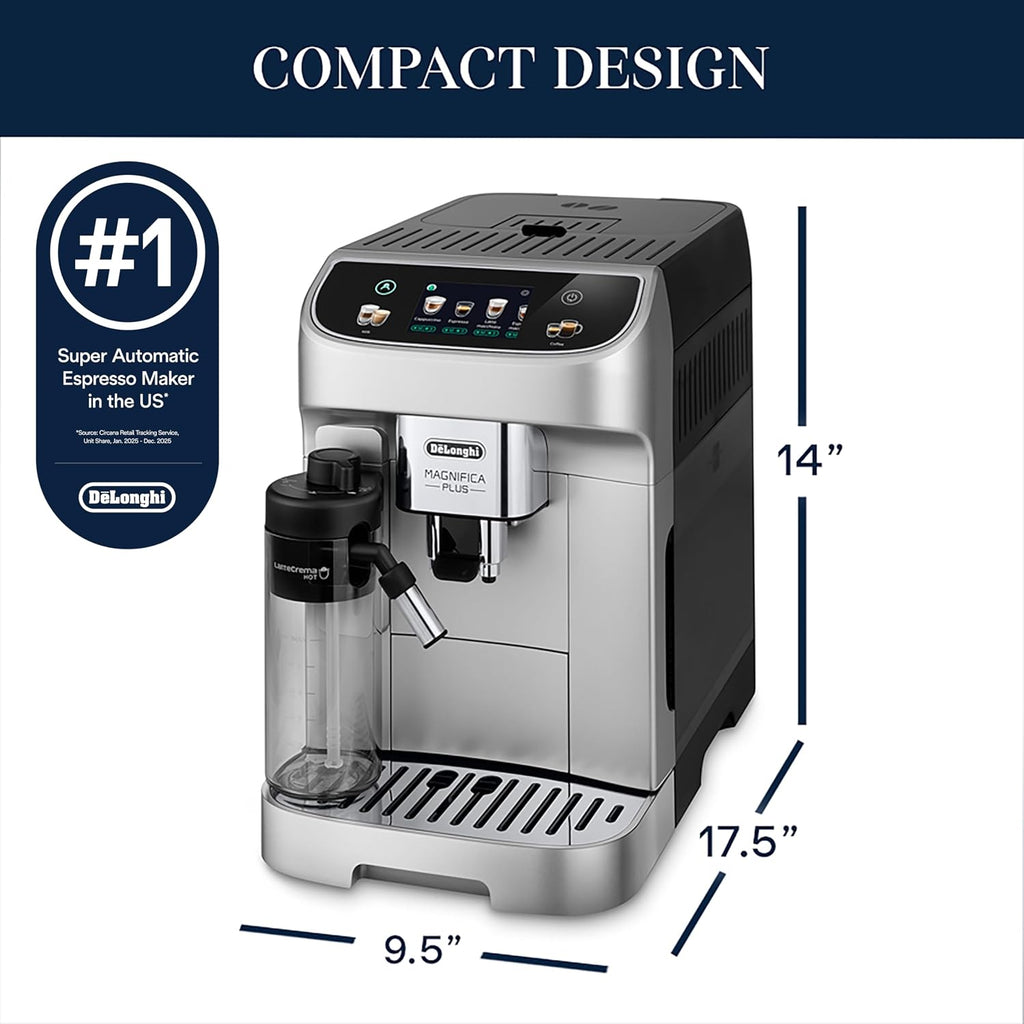 De'Longhi Magnifica Plus Fully Automatic Espresso Machine - Brew 18+ One Touch Coffee Recipes for up to 4 User Profiles, Automatic Milk Steam Wand & Built-in Grinder, Touchscreen Display
