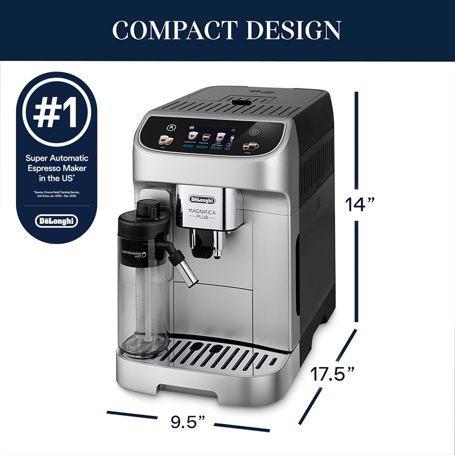 De'Longhi Magnifica Plus Fully Automatic Espresso Machine - Brew 18+ One Touch Coffee Recipes for up to 4 User Profiles, Automatic Milk Steam Wand & Built-in Grinder, Touchscreen Display