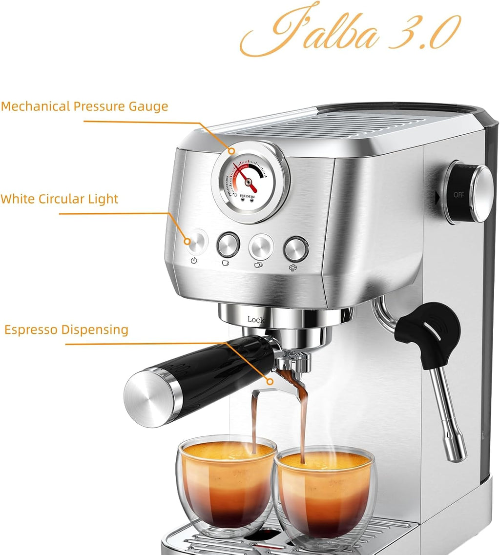 MAttinata Espresso Machine 20 Bar, Espresso Coffee Maker with Professional Milk Frother Steam Wand for Cappuccino & Latte, 49oz Removable Water Tank for Home, Stainless Steel