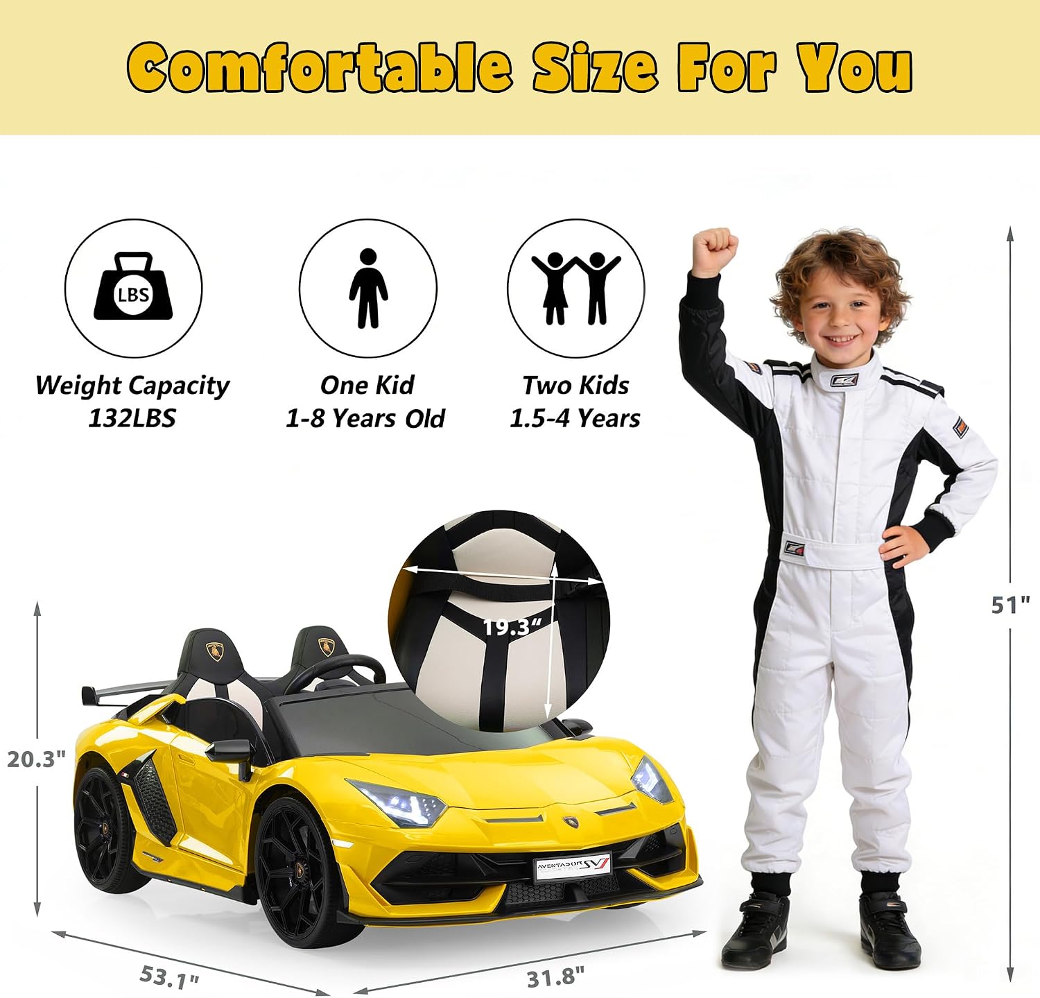 2-Seater Ride on Car 24V Electric Lamborghini for Kids High Speed 13km/h Drift Sports Car with PU Leather Seats w/Adjustable Safety Belt, 2 Speeds Mode, Music, Gifts for Children