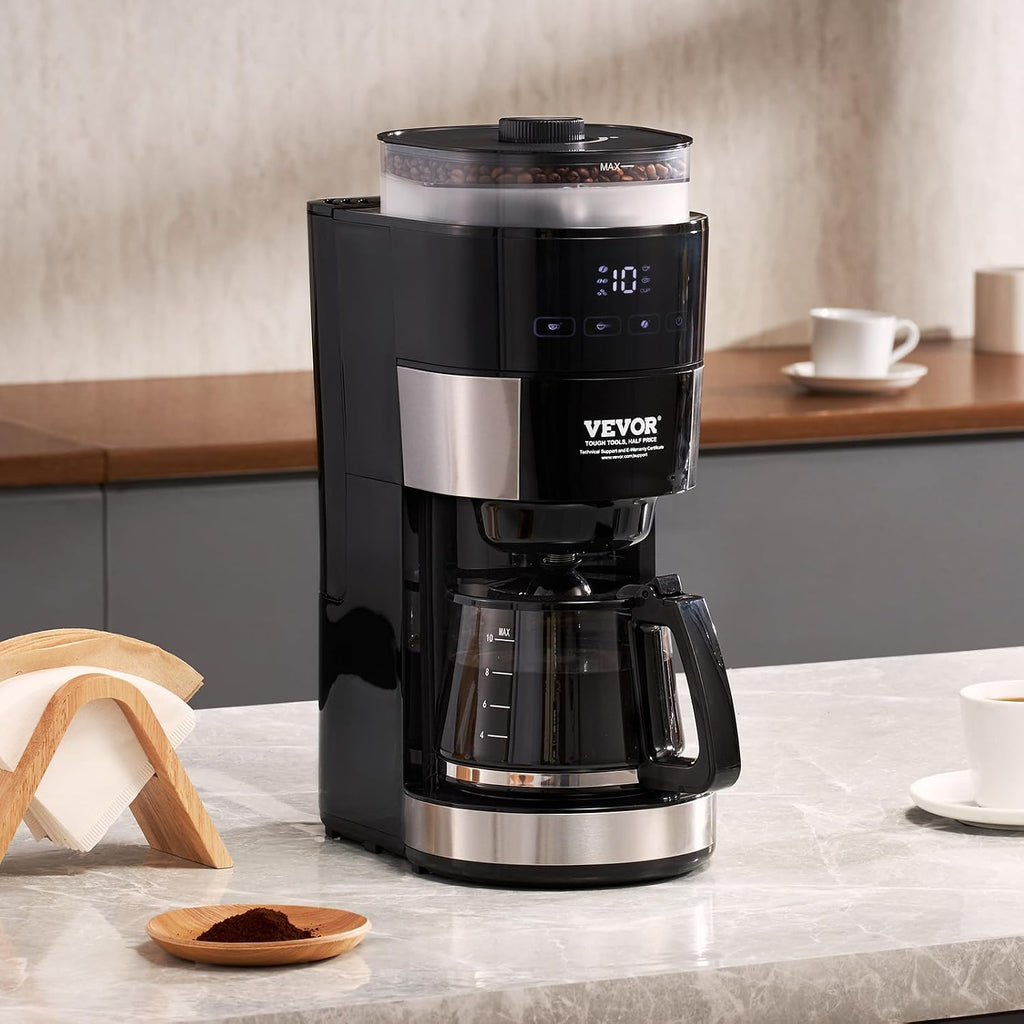 VEVOR Coffee Maker with Grinder, 10 Cup Coffee Machine, Grind and Brew Coffee Maker with 3 Brew Strength Control, Adjustable Grinding Coarseness, for Home Office Restaurant