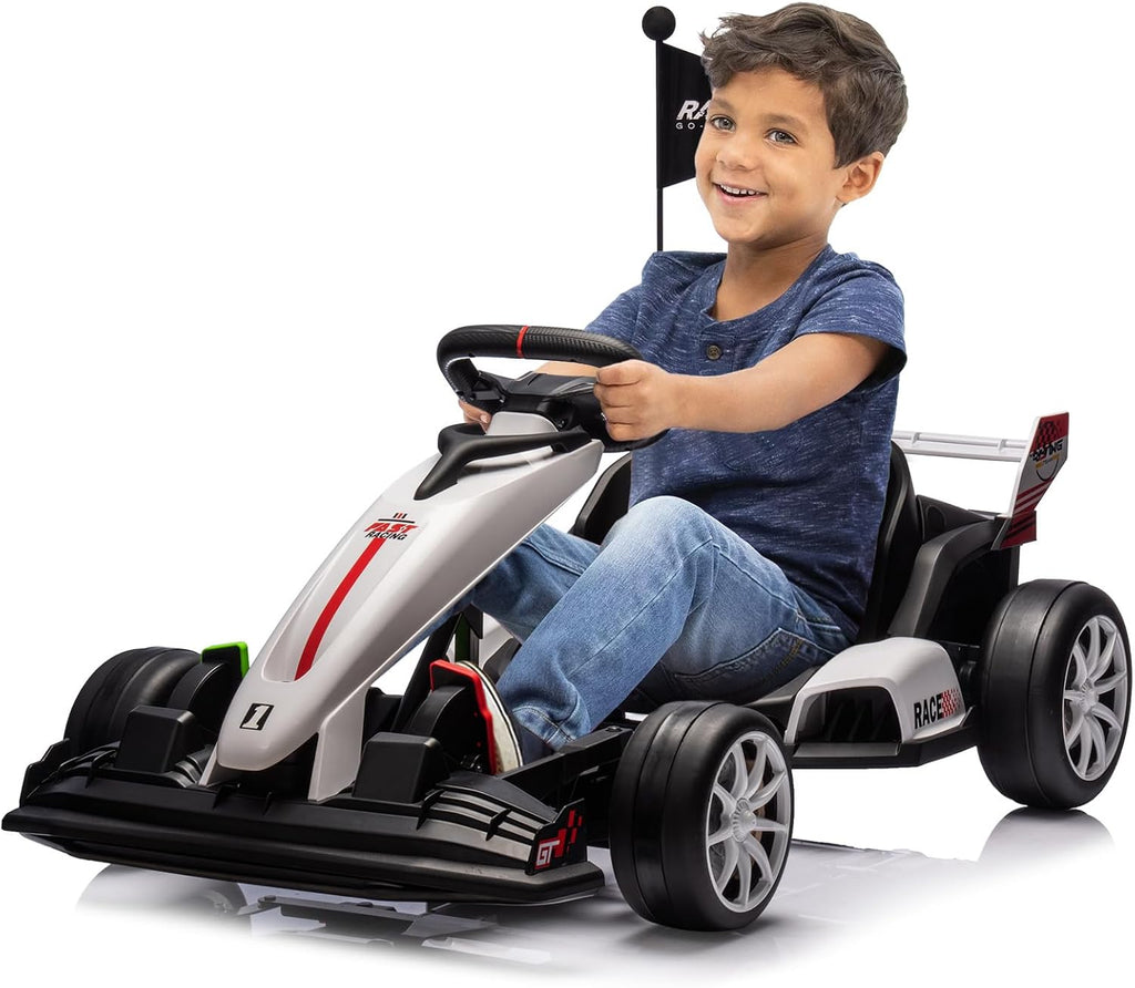 GarveeLife 24V Kids Ride on Go Kart, 7.5 mph Variable High Speed Drifting Car, 7ah Battery 200W*2 Motors,Ajustable Legroom for Kids Grows, Max Load 135 LBS, Power Display Racing Toy for 6+,White
