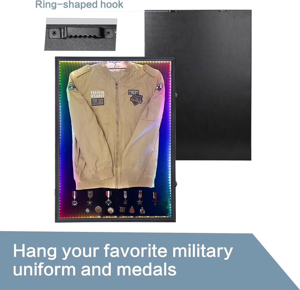 KCRasan LED Military Uniform Display Case - Police Uniform Display Frame - Uniform Shadow Box Wall Cabinet with Uv Protection Acrylic Door for Collection Military Uniform Black