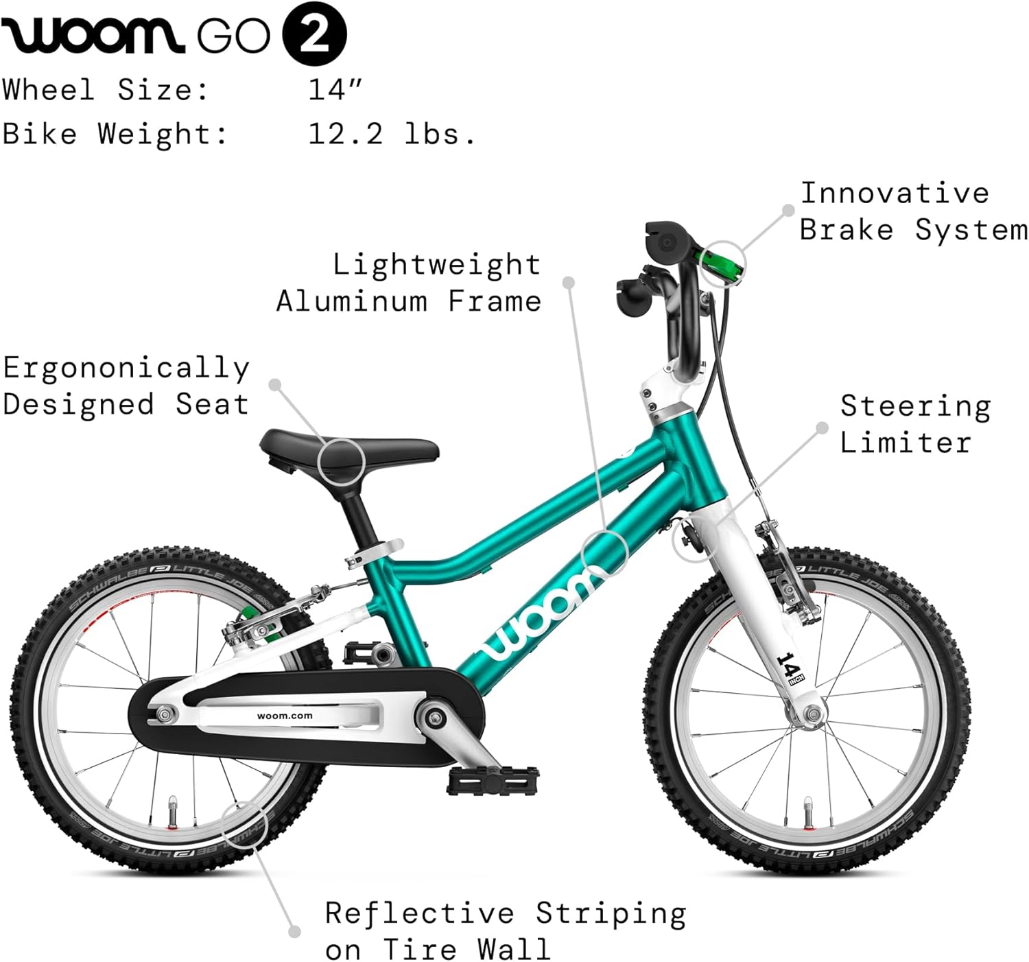 woom GO 2 Bicycle for Children 3 to 4.5 Years Old, 14-Inch Lightweight Bike with Handbrake, Steering Limiter & Chainguard for Boys & Girls