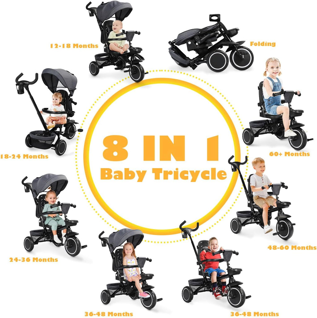 TODEFULL Folding Kids Tricycle, 8 in 1 Toddler Trike W/Removable & Adjustable Canopy, Parent Handle, 5-Piont Harness, Toddler Bike Tricycle for Kids 1-6 Years, EVA Wheels, Storage Basket, Grey
