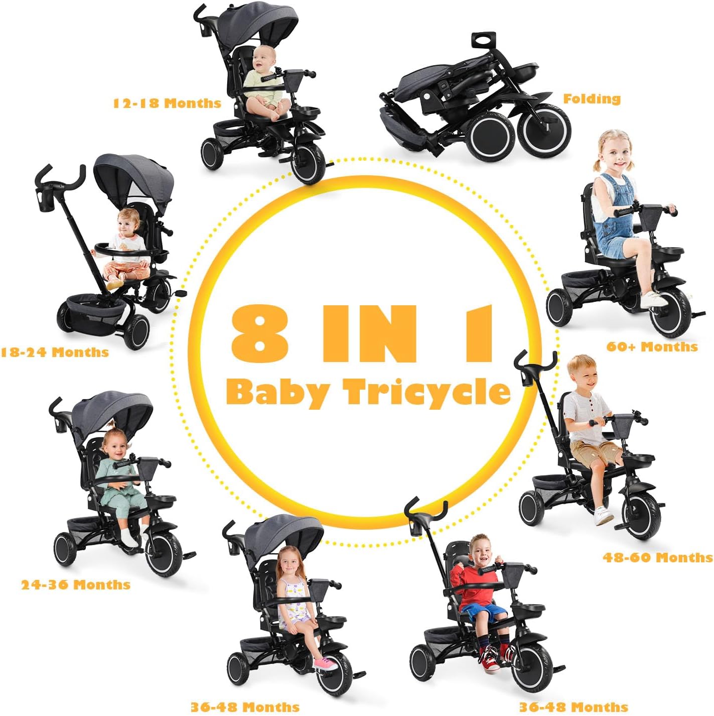 TODEFULL Folding Kids Tricycle, 8 in 1 Toddler Trike W/Removable & Adjustable Canopy, Parent Handle, 5-Piont Harness, Toddler Bike Tricycle for Kids 1-6 Years, EVA Wheels, Storage Basket, Grey