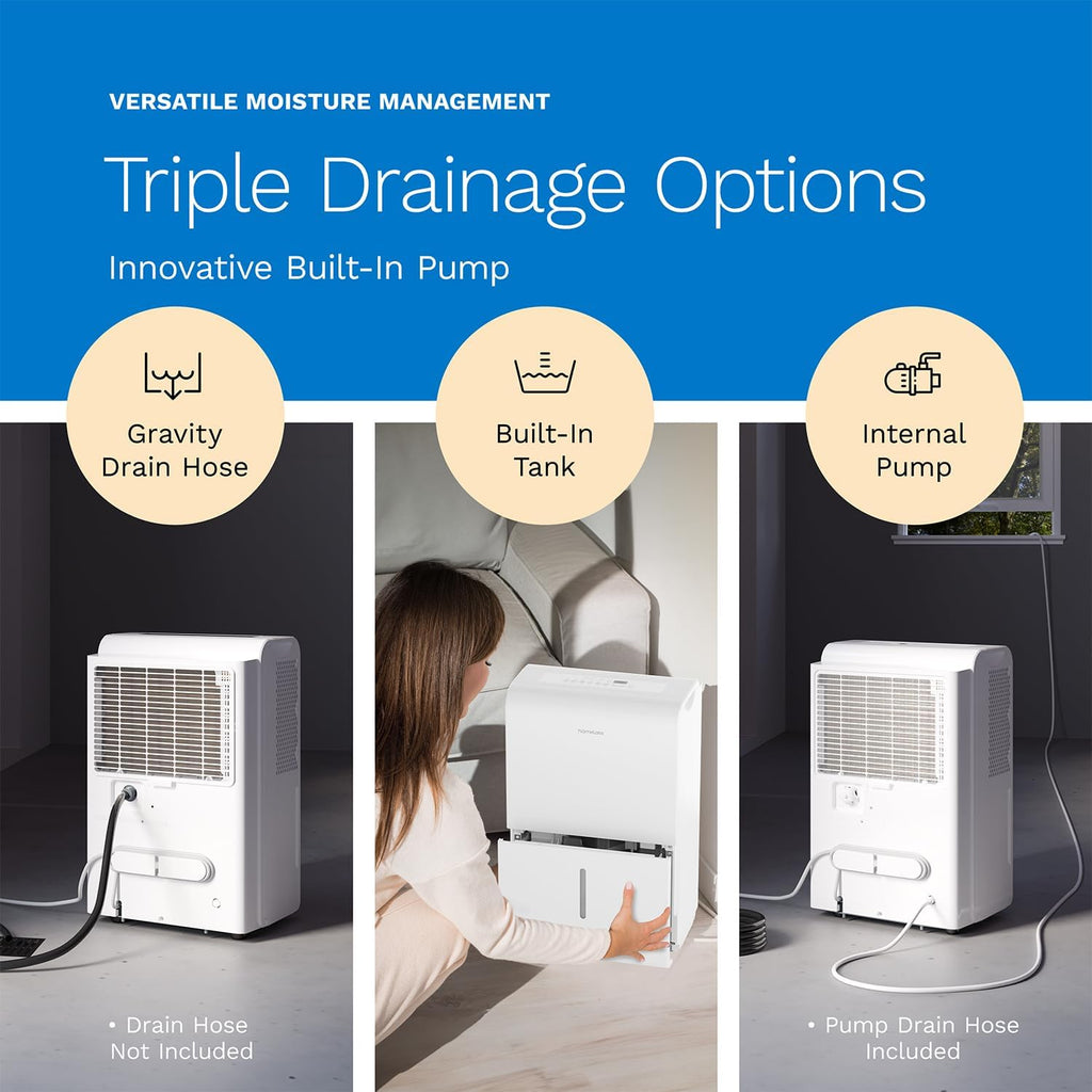 hOmeLabs Dehumidifier 7,500 Sq Ft Wi-Fi with Pump (50 Pint MAX 120 Pint at 95°F, 90% RH) for Home, Office, Basements with Powerful Moisture Removal, Humidity Control, Auto Shut-off, Quiet Operation