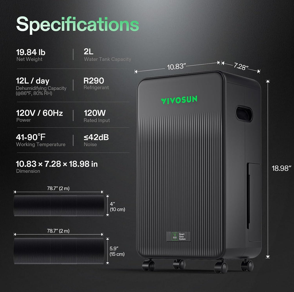 VIVOSUN AeroDrain D12 Smart Environmental Dehumidifier, up to 12L/day, 2L Water Tank, with Temperature & Humidity Sensor Probe, Smart Remote Control, Designed for Grow Tents