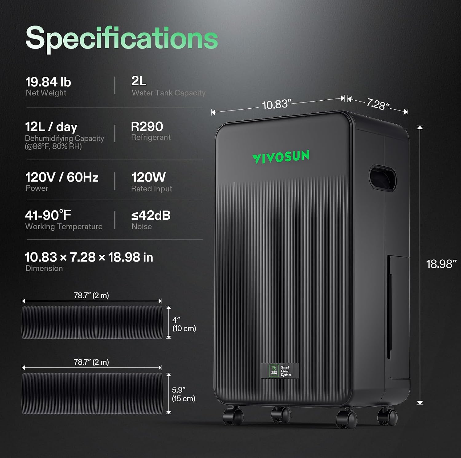VIVOSUN AeroDrain D12 Smart Environmental Dehumidifier, up to 12L/day, 2L Water Tank, with Temperature & Humidity Sensor Probe, Smart Remote Control, Designed for Grow Tents