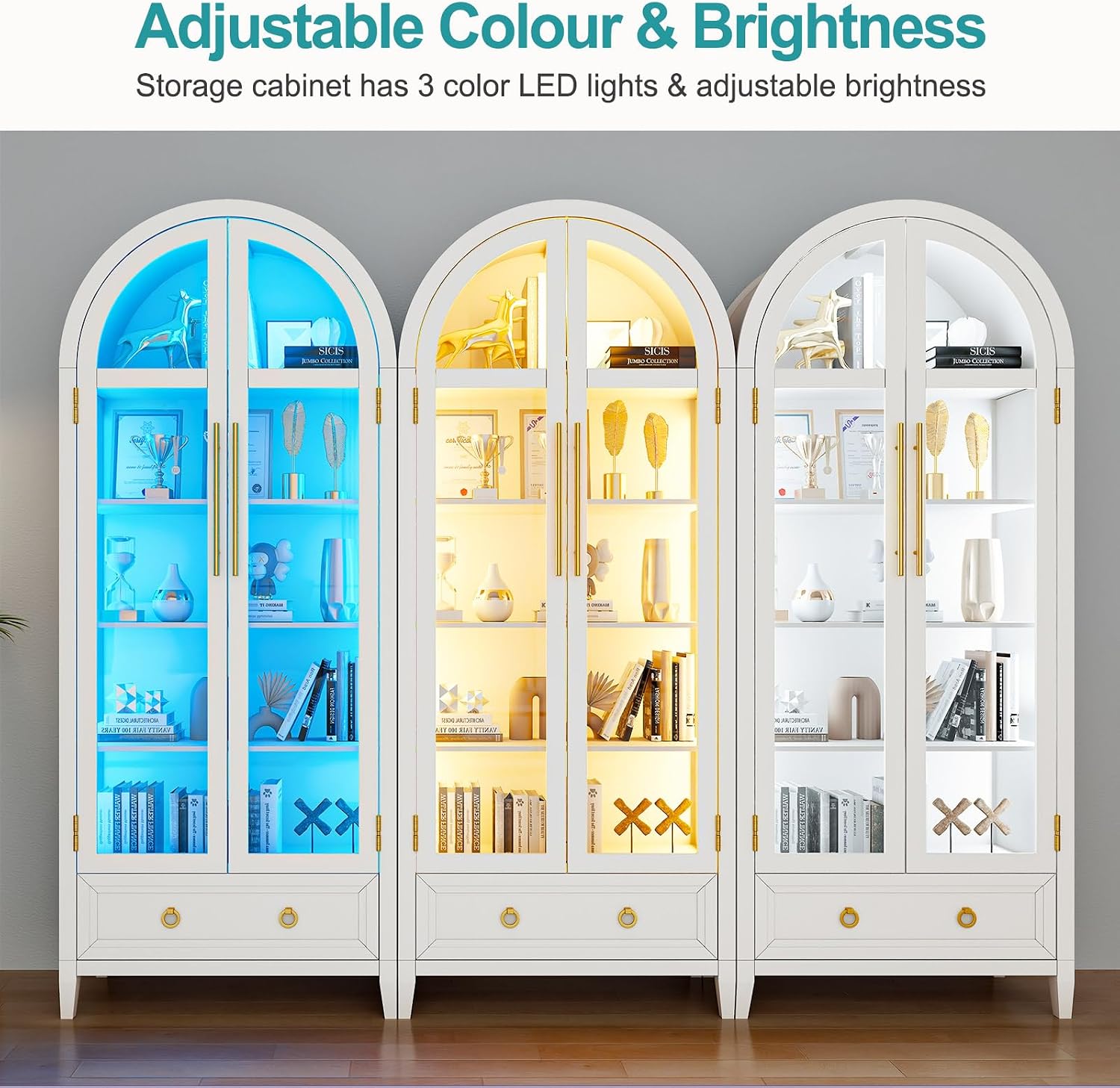 Lvifur 73' Tall Arched Display Cabinet with Glass Doors,4-Tier Curio Cabinets with 3 Color Lights for Collectibles,LED Storage Cabinet with Human Body Sensor,Ajustable Shelf for Toys, Books,White