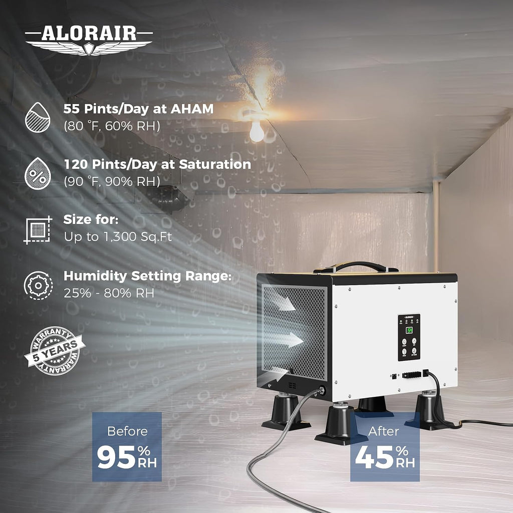 ALORAIR 120 PPD Crawl Space Dehumidifier with Pump, Commercial Basement Dehumidifier with Drain Hose, Compact Portable Auto Defrost Dehumidifier for Crawlspace and Under-House Use
