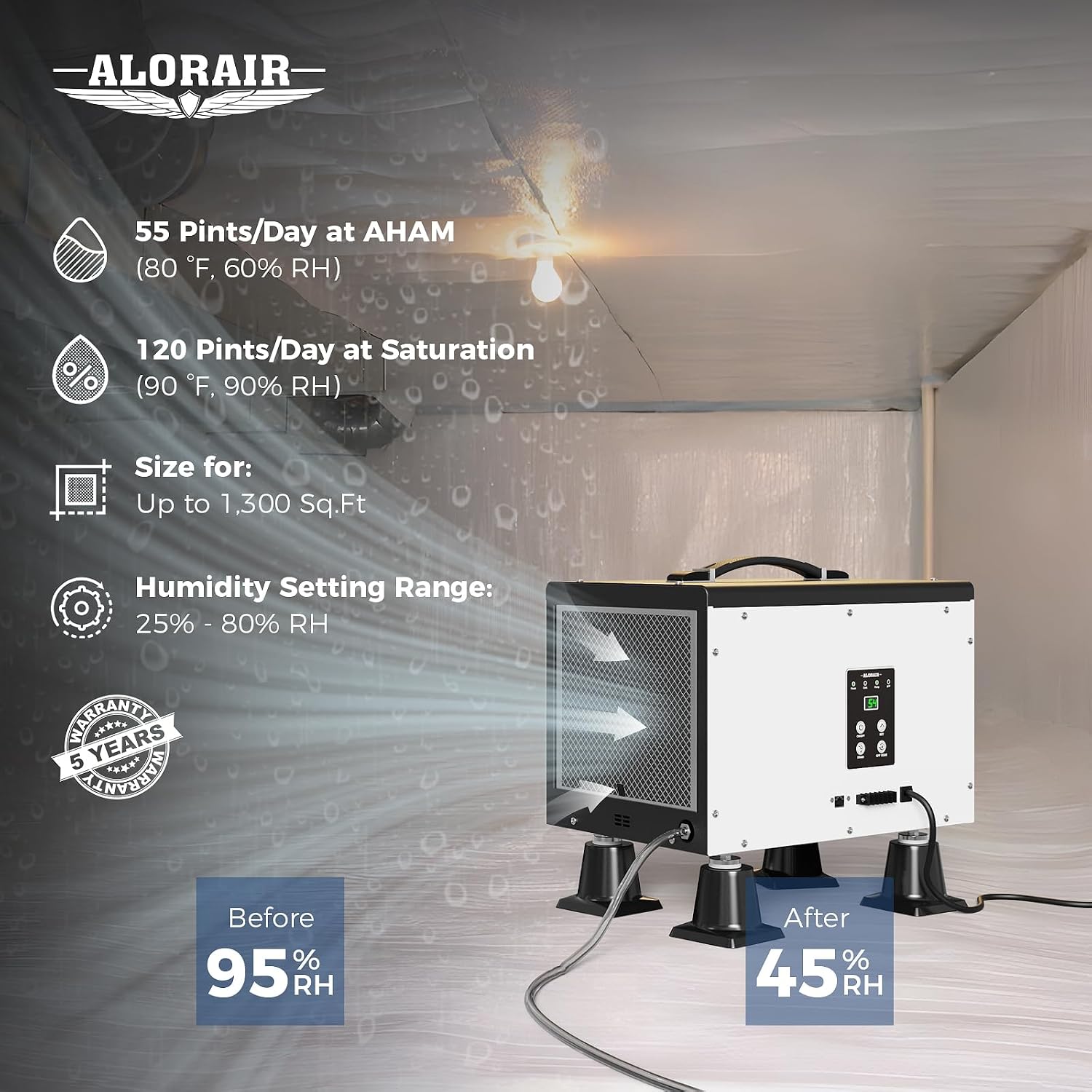 ALORAIR 120 PPD Crawl Space Dehumidifier with Pump, Commercial Basement Dehumidifier with Drain Hose, Compact Portable Auto Defrost Dehumidifier for Crawlspace and Under-House Use