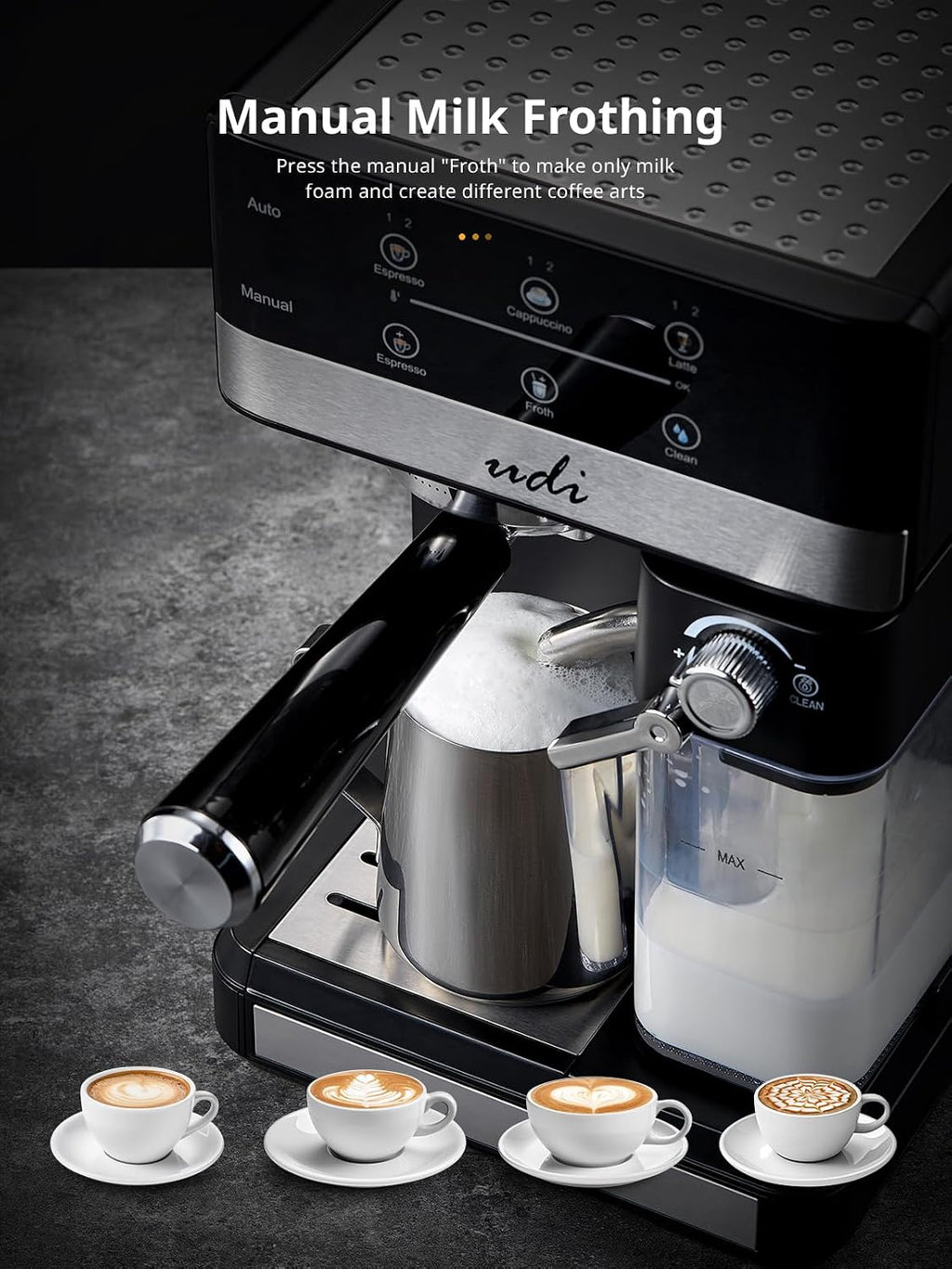 UDI Espresso Machine, 20 Bar Automatic Cappuccino & Latte Coffee Maker, Auto or Manual Quick Brew Dual Boiler, Touchscreen Espresso Maker (Black+Sliver)