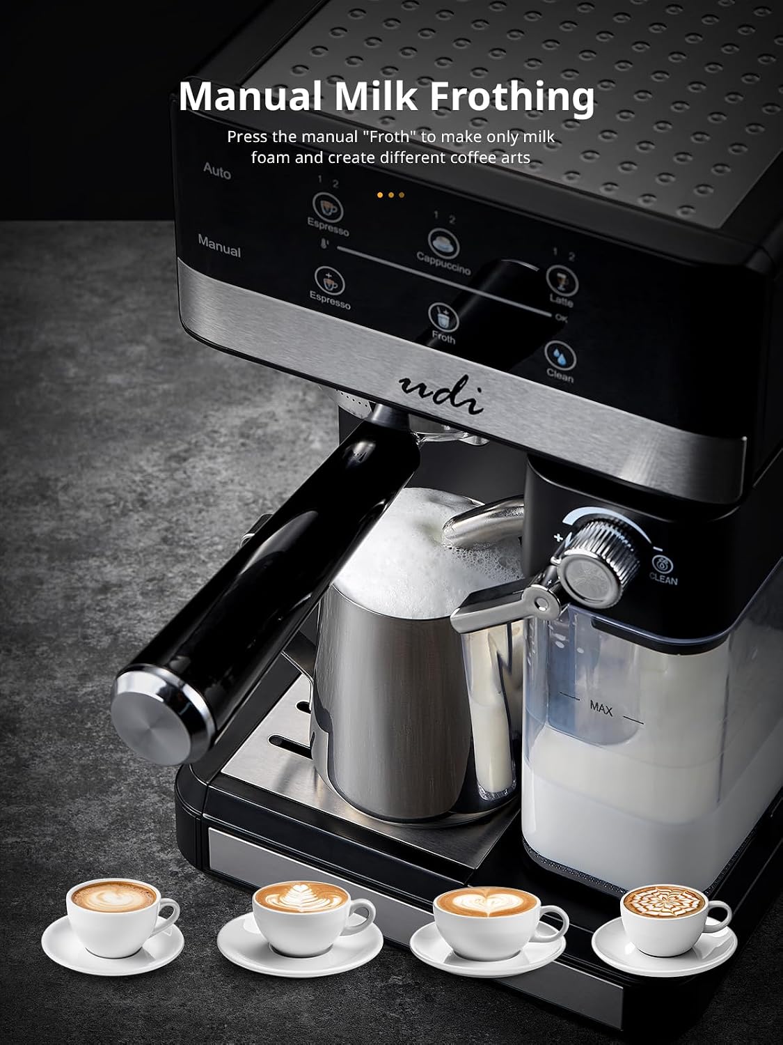 UDI Espresso Machine, 20 Bar Automatic Cappuccino & Latte Coffee Maker, Auto or Manual Quick Brew Dual Boiler, Touchscreen Espresso Maker (Black+Sliver)