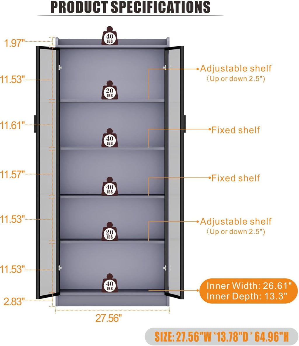 Dystler 65' Tall Display Cabinet with Doors, Lighted Bookcase with Lights/Human Sensor, 5 Tier Display Case with Adjustable Shelves for Collectibles Bedroom Living Room Office, Grey-Smoked Black Door