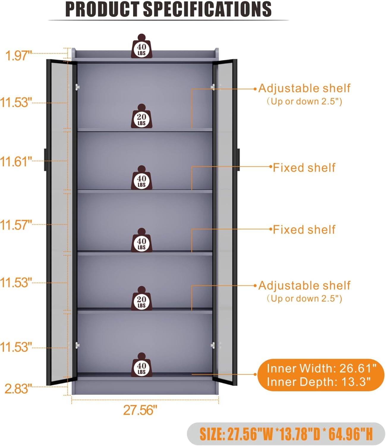 Dystler 65' Tall Display Cabinet with Doors, Lighted Bookcase with Lights/Human Sensor, 5 Tier Display Case with Adjustable Shelves for Collectibles Bedroom Living Room Office, Grey-Smoked Black Door
