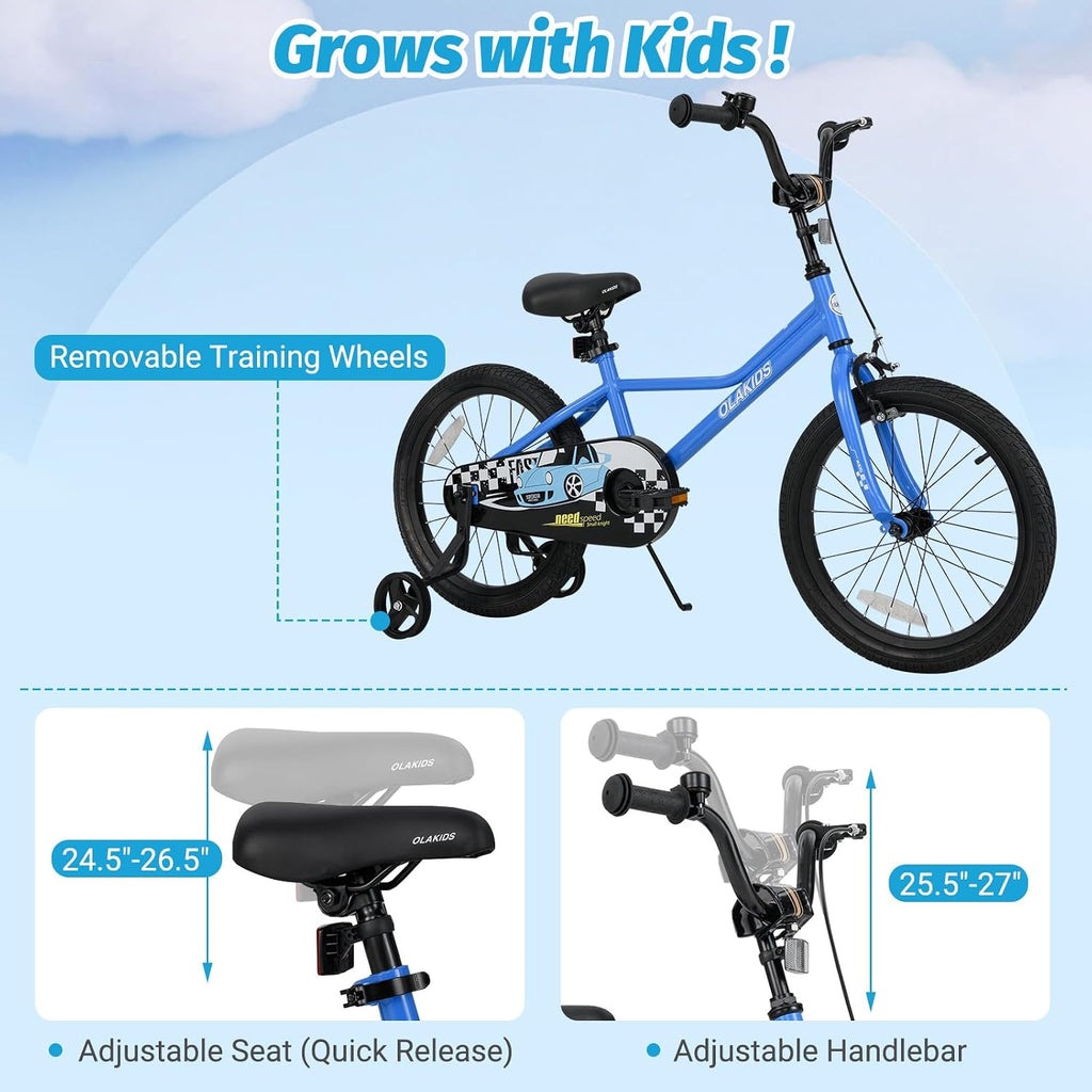 Olakids Kids Bike, 12 14 16 18 Inch Racing Car Themed Toddlers Bike with Training Wheels Adjustable Seat and Handlebar Coaster Brake and Handbrake, Children Bicycle for Boys Girls