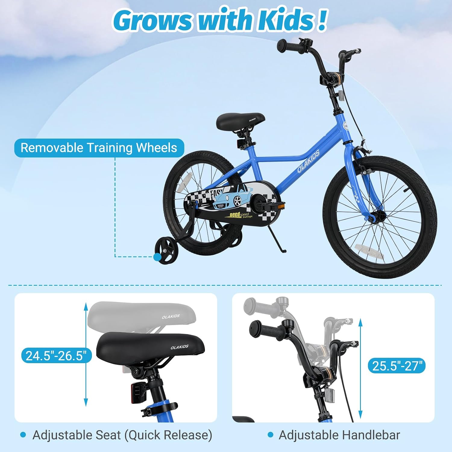 Olakids Kids Bike, 12 14 16 18 Inch Racing Car Themed Toddlers Bike with Training Wheels Adjustable Seat and Handlebar Coaster Brake and Handbrake, Children Bicycle for Boys Girls