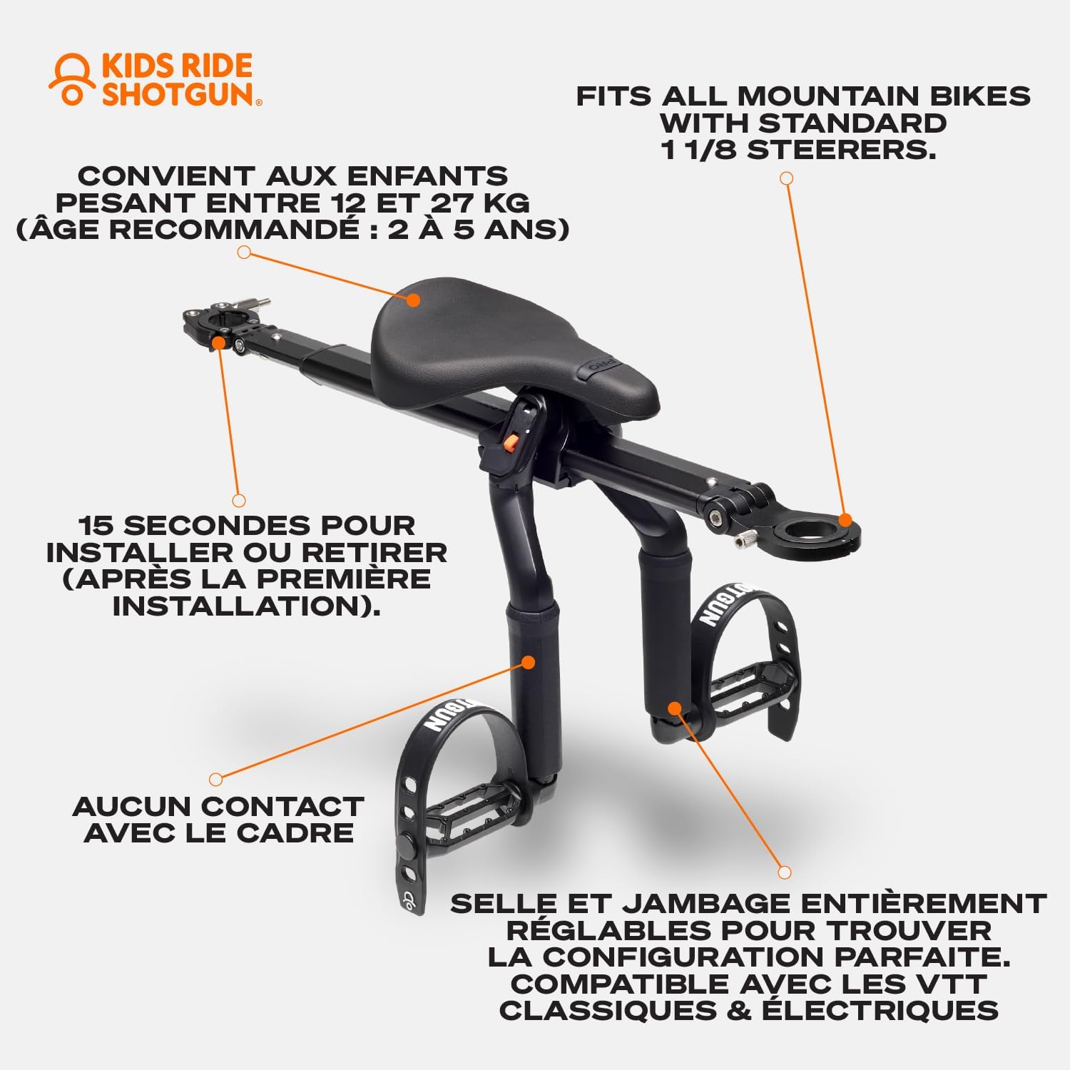 Kids Ride Shotgun - Child Bike Seats - Front Mounted, for Children Aged 2~5 Years, Fits Most Adult Modern Mountain Bikes, Adjustable for Comfort