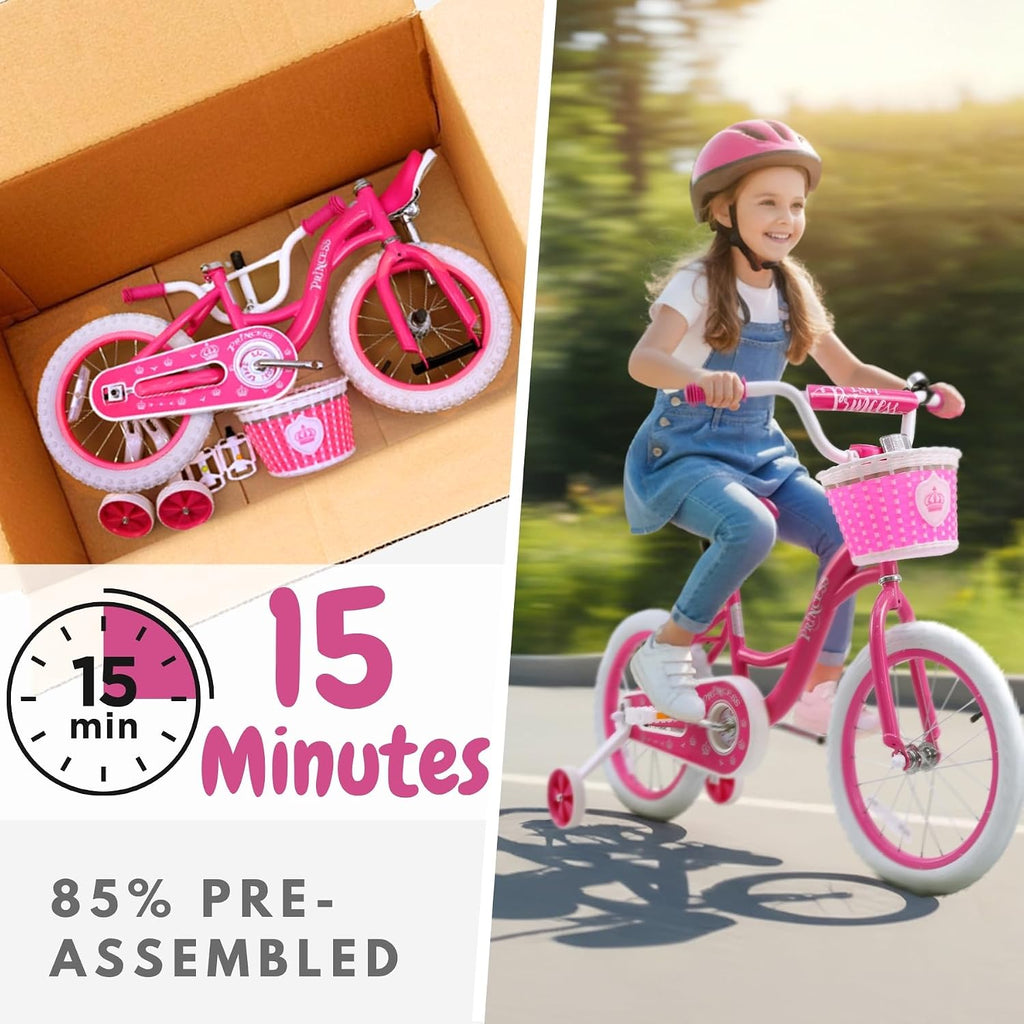 bicystar Girls Bike for Toddlers Ages 2-5 Years, 12 14 16 Inch Princess Kids Bike with Training Wheels, Sparkling Frame, Basket, Streamers, Pink Pedal Bicycle, Birthday Gift