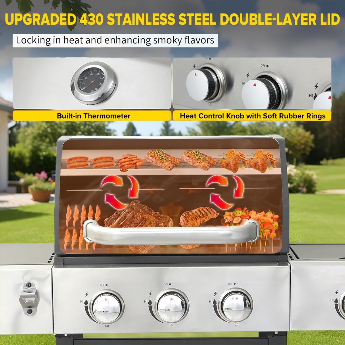 CIG GARDEN 3-Burner Propane Gas Grill With Side Burner, Double-layer Stainless Steel BBQ Grill with Lid Cast Iron Grates, 41,500 BTU Output Perfect for Outdoor Cooking, Backyard, Camping, BBQ Grill