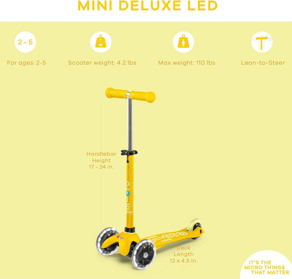 Micro Kickboard | Mini LED Kids Scooter for Ages 2-5 | Children up to 110 lbs | 3 Wheel Lean-to-Steer Design | Adjustable T Bar | Smooth Ride, Motion Activated PU LED Wheels | Swiss Design