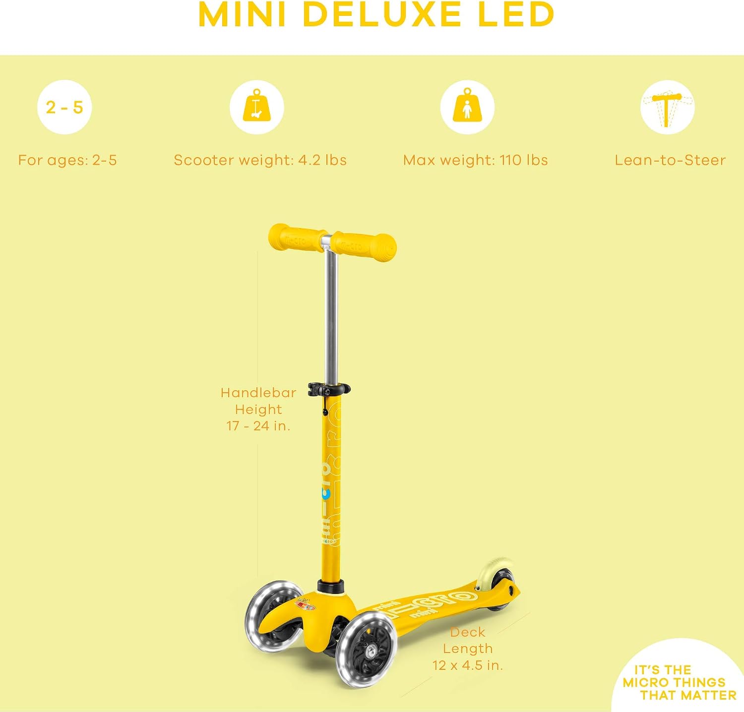 Micro Kickboard | Mini LED Kids Scooter for Ages 2-5 | Children up to 110 lbs | 3 Wheel Lean-to-Steer Design | Adjustable T Bar | Smooth Ride, Motion Activated PU LED Wheels | Swiss Design