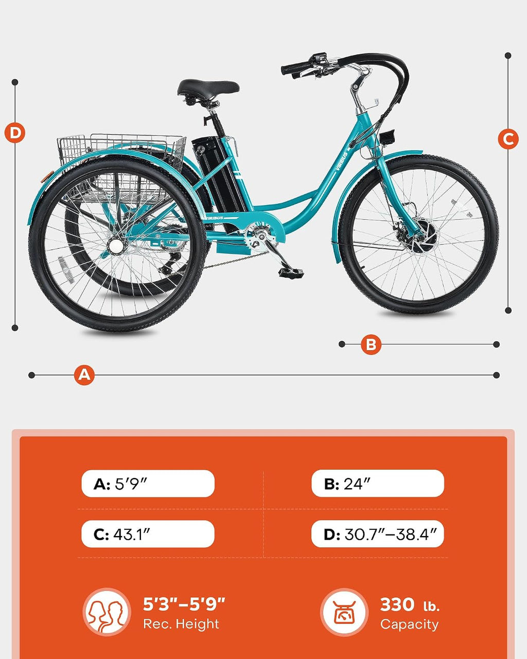 VIRIBUS Electric Tricycle for Adults, 24 26 inch Electric Trike with 468Wh Removable Battery, 250W/350W(Peak 500W) 3 Wheel Electric Bikes for Seniors, Motorized Adult Tricycles Women Men 330 lb.