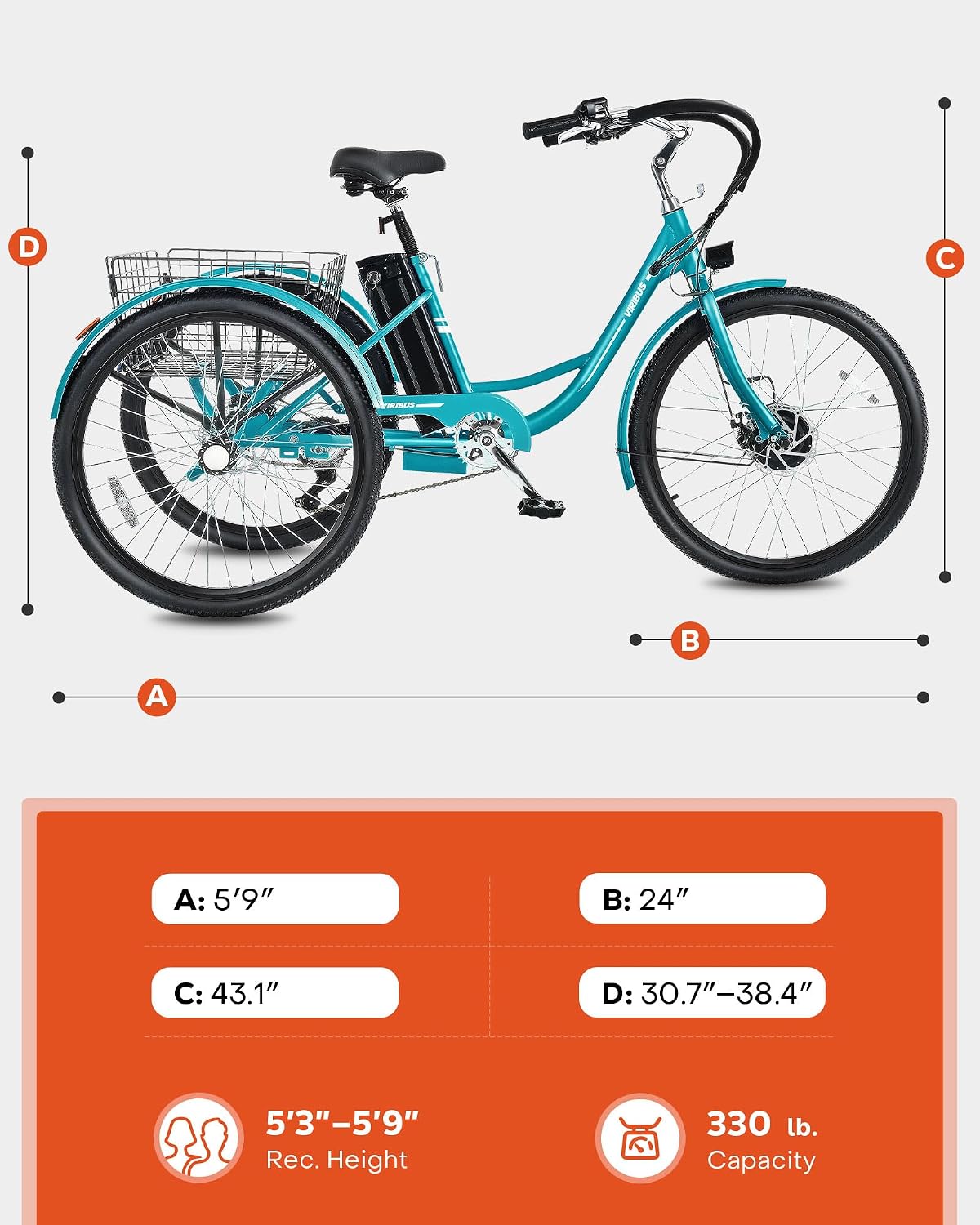 VIRIBUS Electric Tricycle for Adults, 24 26 inch Electric Trike with 468Wh Removable Battery, 250W/350W(Peak 500W) 3 Wheel Electric Bikes for Seniors, Motorized Adult Tricycles Women Men 330 lb.
