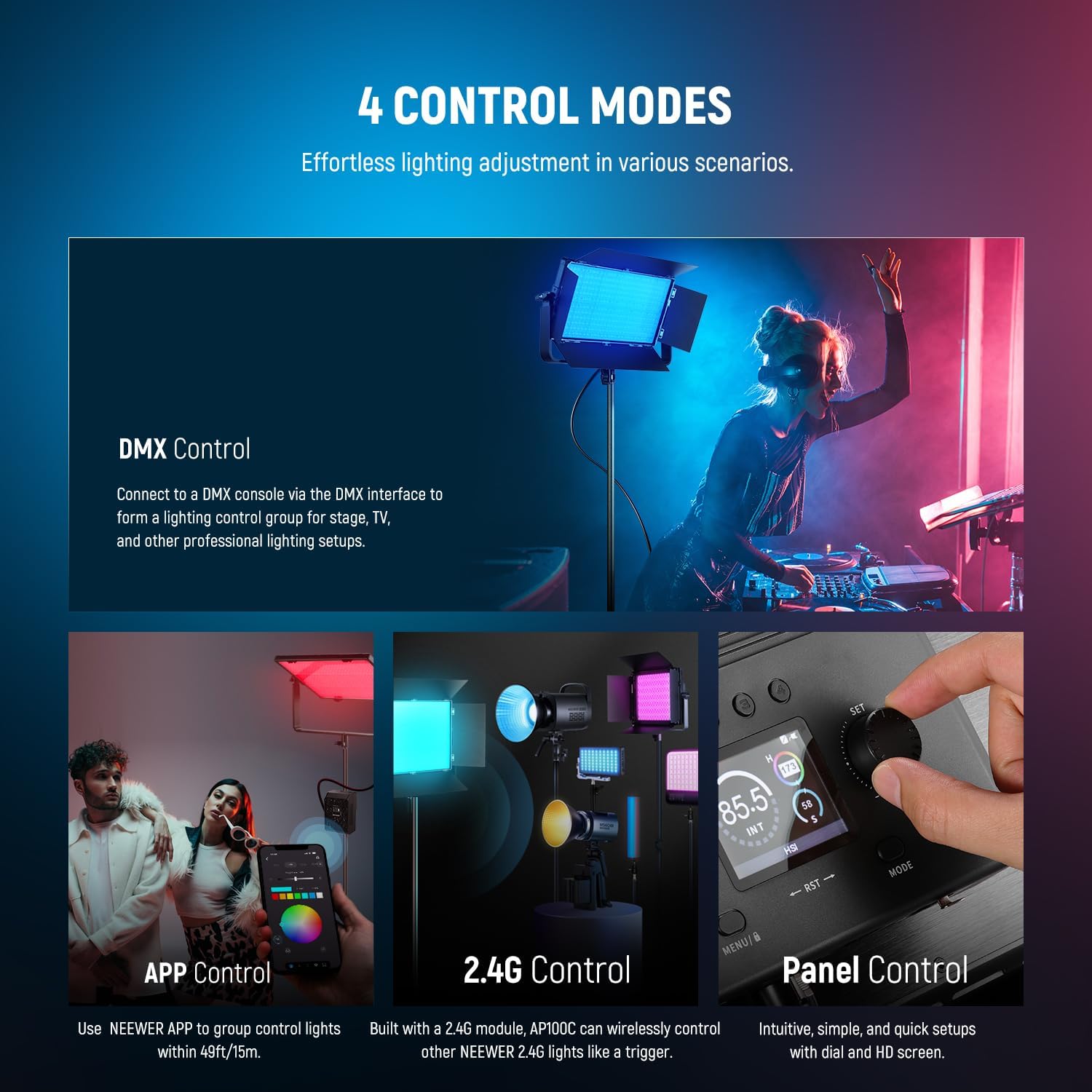 NEEWER 105W RGB LED Panel Video Light Kit with Barn Doors, 1200 LEDs 31500Lux/0.5m 2500K-10000K CRI96+/TLCI97+ Dimmable, APP/2.4G/Panel/DMX Control, Studio Photography Video Recording Lighting, AP100C